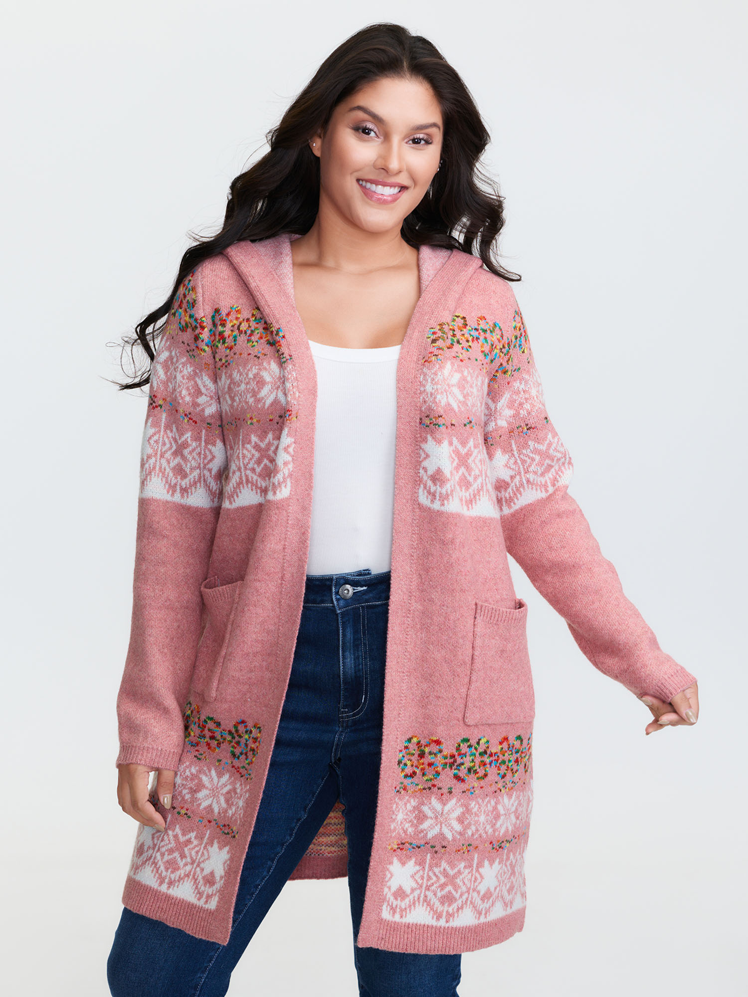 BloomChic Women's Plus Size Boho Print Jacquard Hooded Knit Cardigan Watermelon Long Sleeve Hooded Neck 22-24/3X