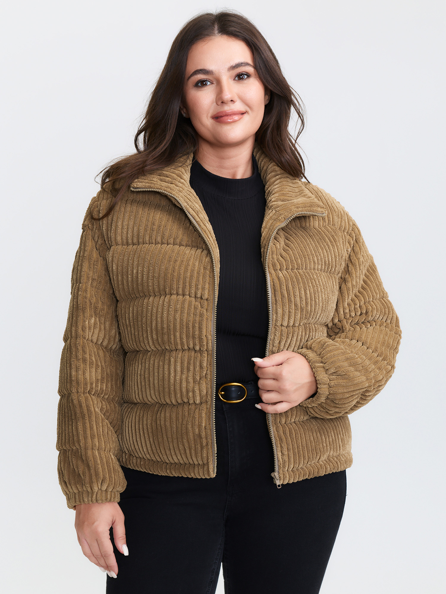 Plus Size Women Topstitching No stretch Sleeve Long Sleeve Mock Neck 30/6X Side seam pocket Quilted Jackets BloomChic