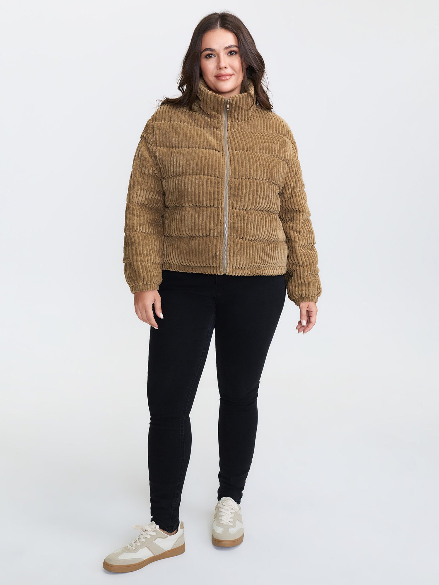 Side view of Plus Size Women Topstitching No stretch Sleeve Long Sleeve Mock Neck 30/6X Side seam pocket Quilted Jackets BloomChic
