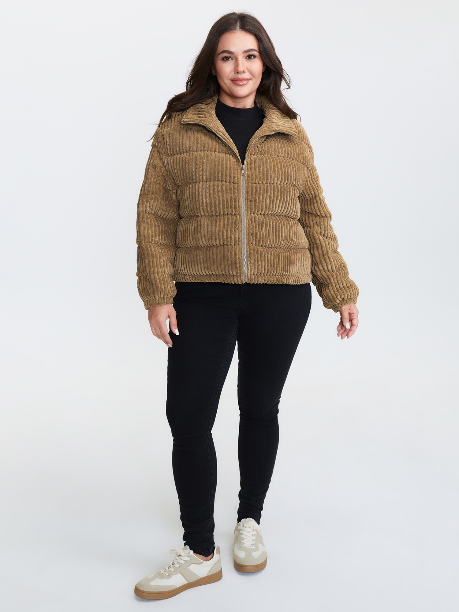 Side view of Plus Size Women Topstitching No stretch Sleeve Long Sleeve Mock Neck 30/6X Side seam pocket Quilted Jackets BloomChic