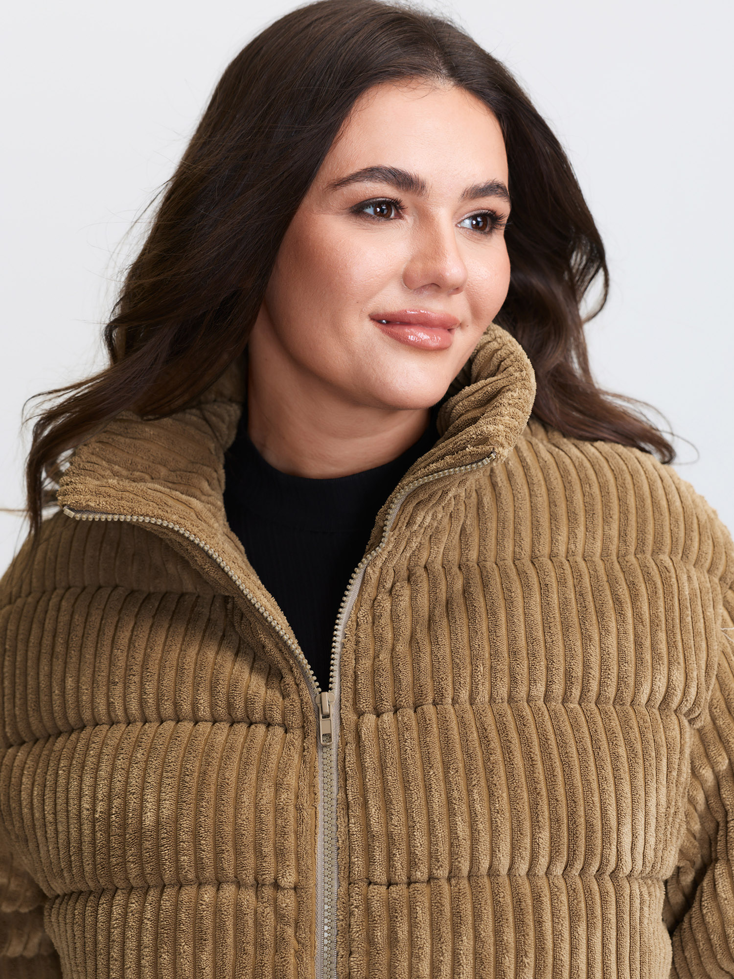 Side view of Plus Size Women Topstitching No stretch Sleeve Long Sleeve Mock Neck 30/6X Side seam pocket Quilted Jackets BloomChic