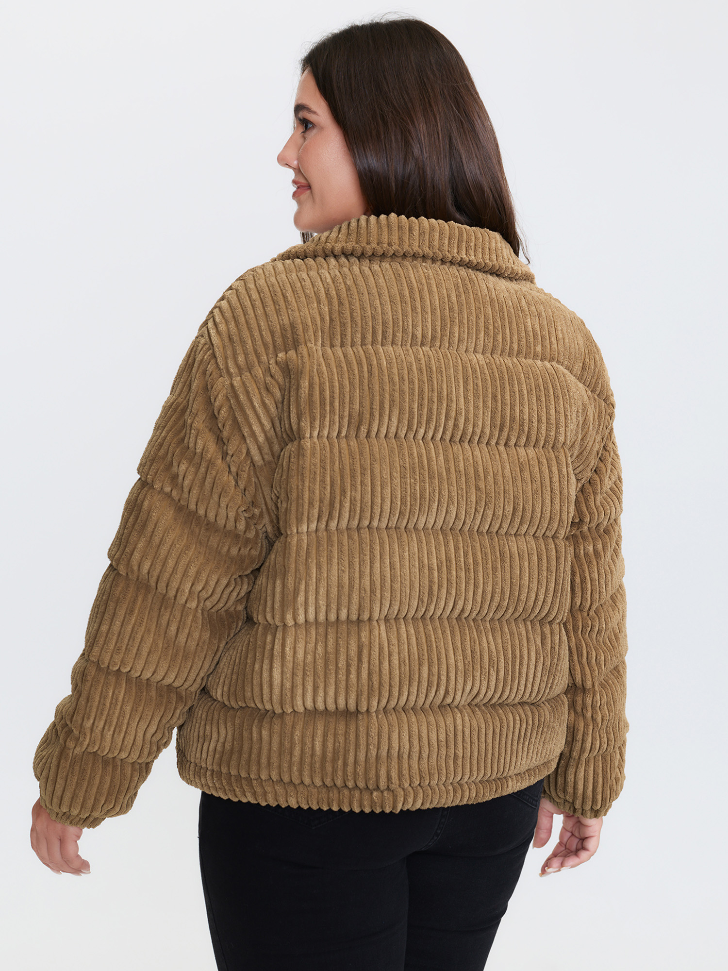 Side view of Plus Size Women Topstitching No stretch Sleeve Long Sleeve Mock Neck 30/6X Side seam pocket Quilted Jackets BloomChic