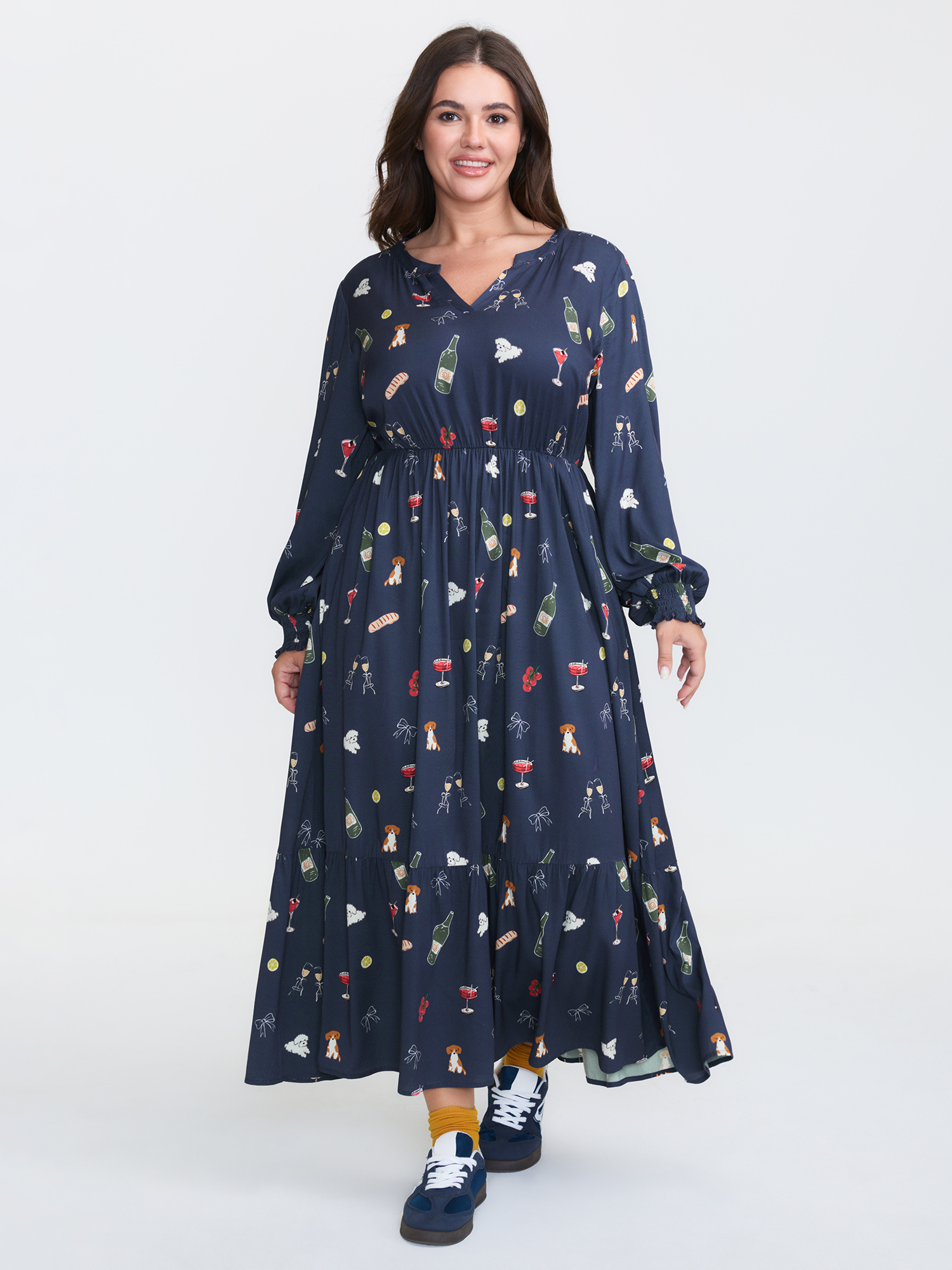 BloomChic Women's Plus Size Colorful Pattern Shirred Pockets Midi Dress DarkBlue Maxi Everyday-Casual Gathered 10/M