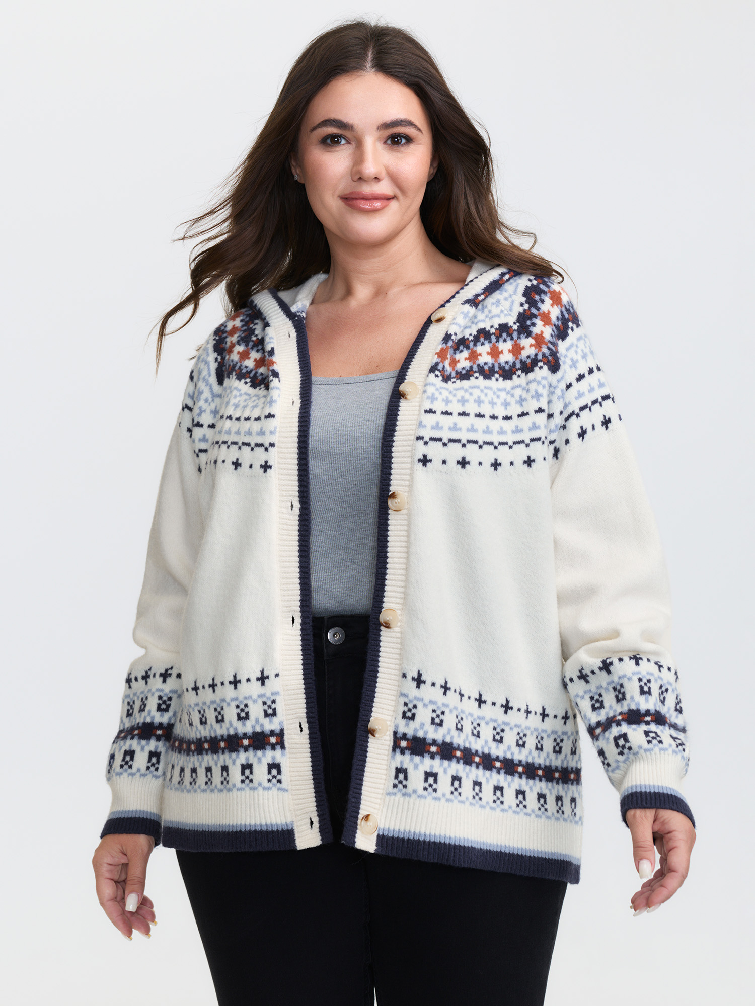 BloomChic Women's Plus Size Hooded Jacquard Pattern Button Knit Cardigan Ivory Long Sleeve 10/M