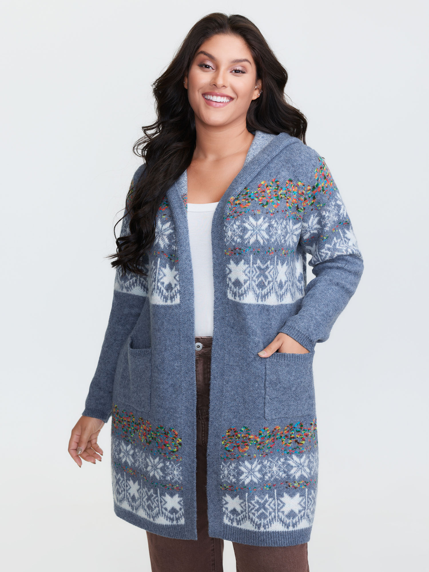 BloomChic Women's Plus Size Boho Print Jacquard Hooded Knit Cardigan Stone Long Sleeve Hooded Neck 10/M
