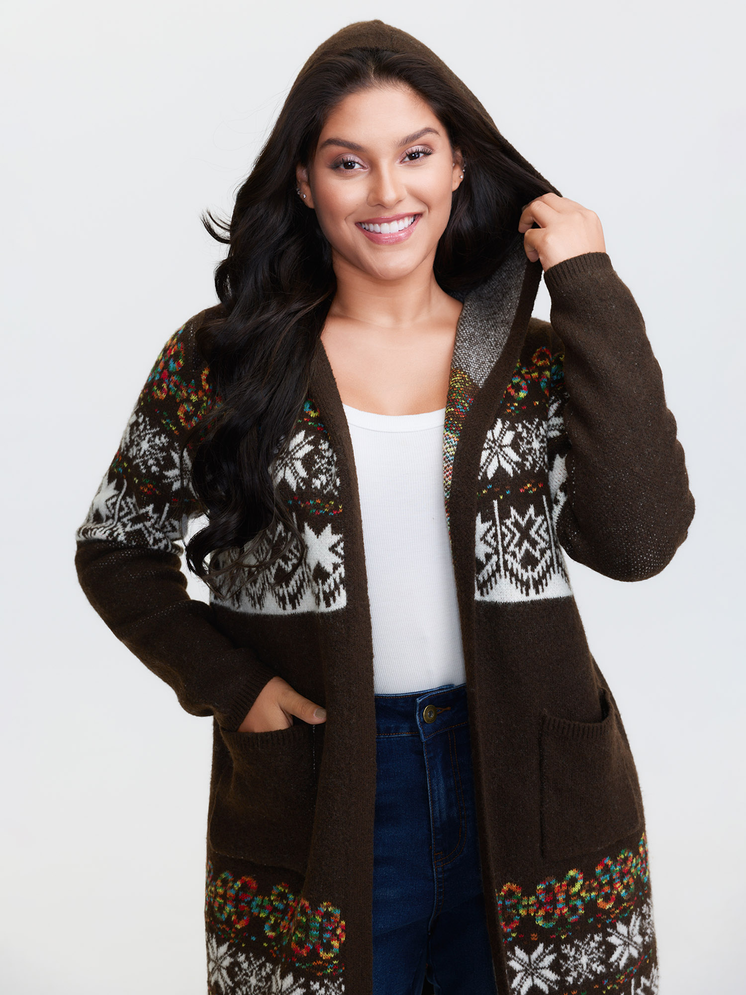 BloomChic Women's Plus Size Boho Print Jacquard Hooded Knit Cardigan DarkBrown Long Sleeve Hooded Neck 22-24/3X