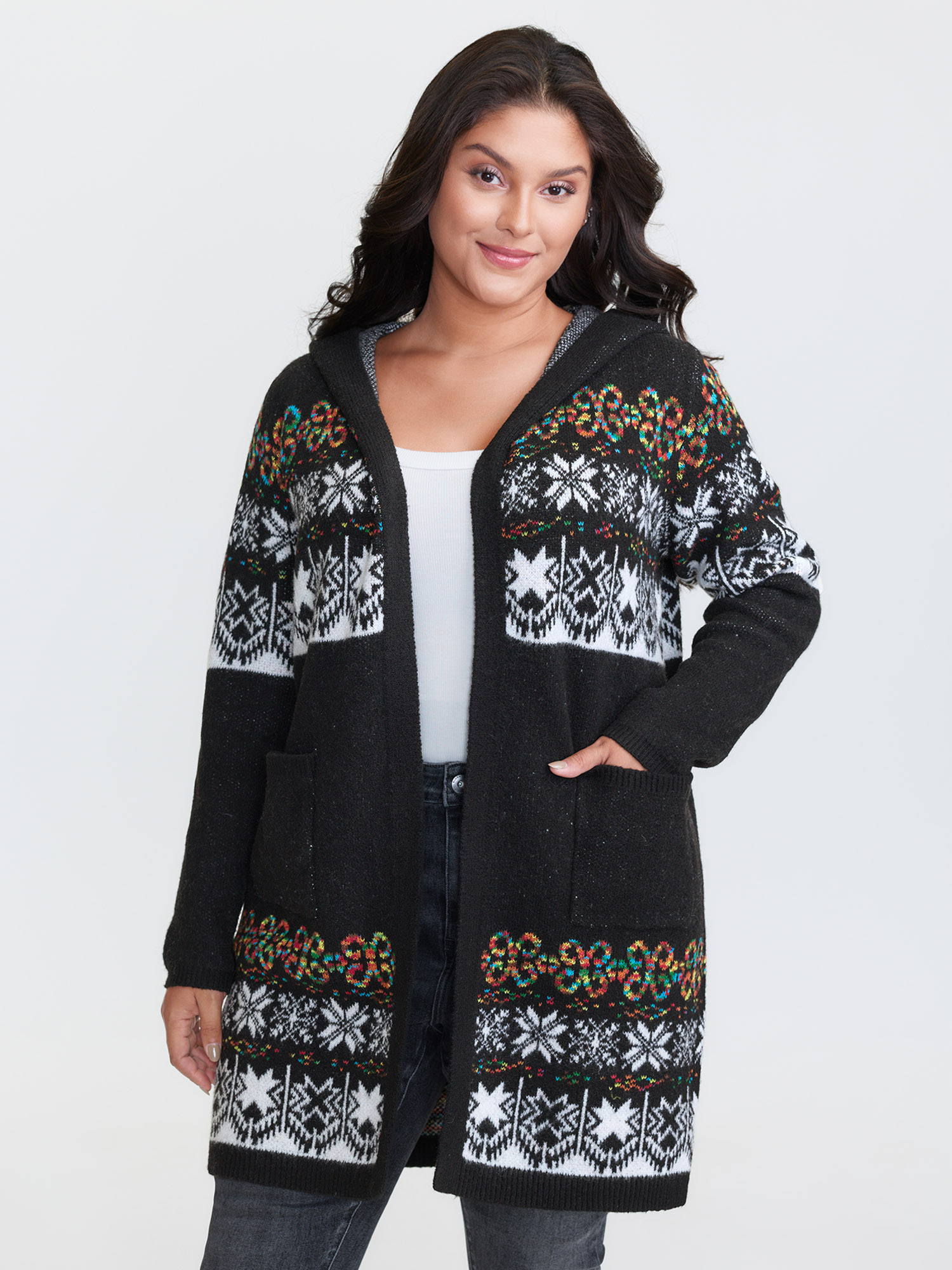 BloomChic Women's Plus Size Boho Print Jacquard Hooded Knit Cardigan Black Long Sleeve Hooded Neck 10/M