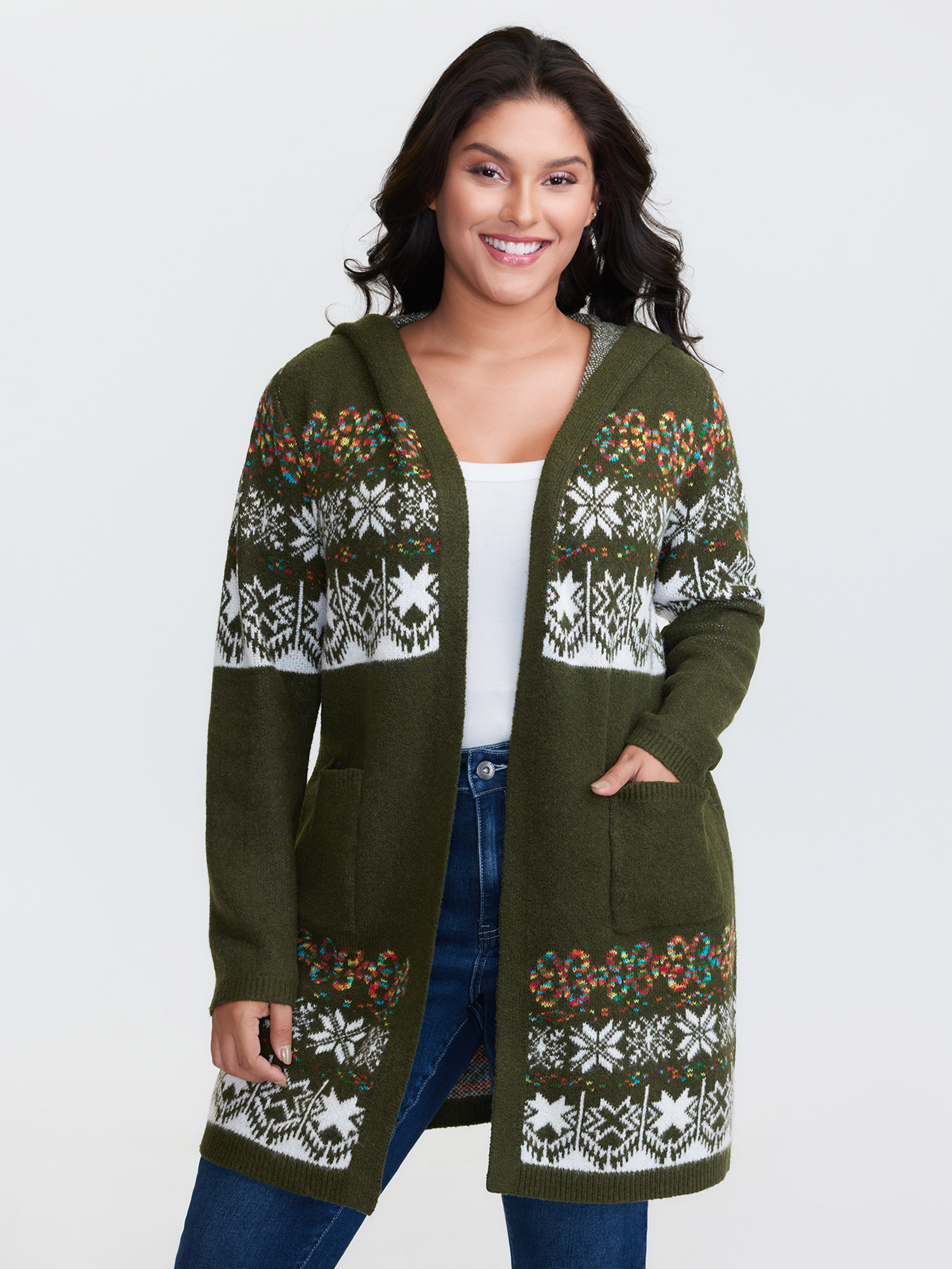 BloomChic Women's Plus Size Boho Print Jacquard Hooded Knit Cardigan ArmyGreen Long Sleeve Hooded Neck 10/M