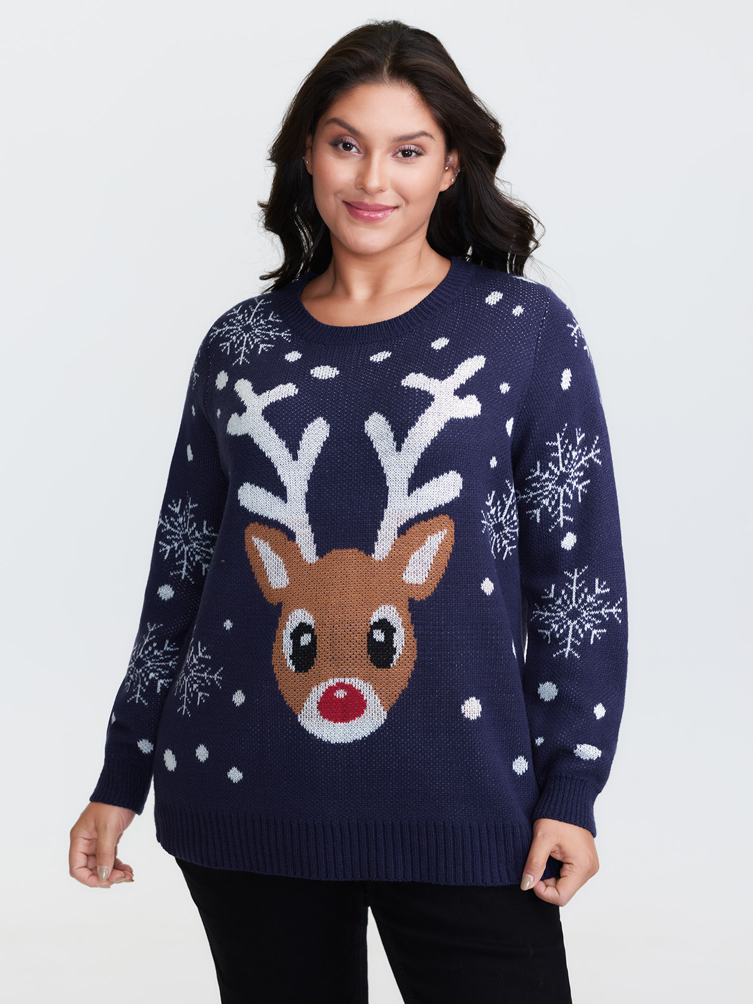 BloomChic Women's Plus Size Deer Snowflake Pattern Jacquard Pullover Indigo Graphic-Christmas Long Sleeve Round Neck 10/M