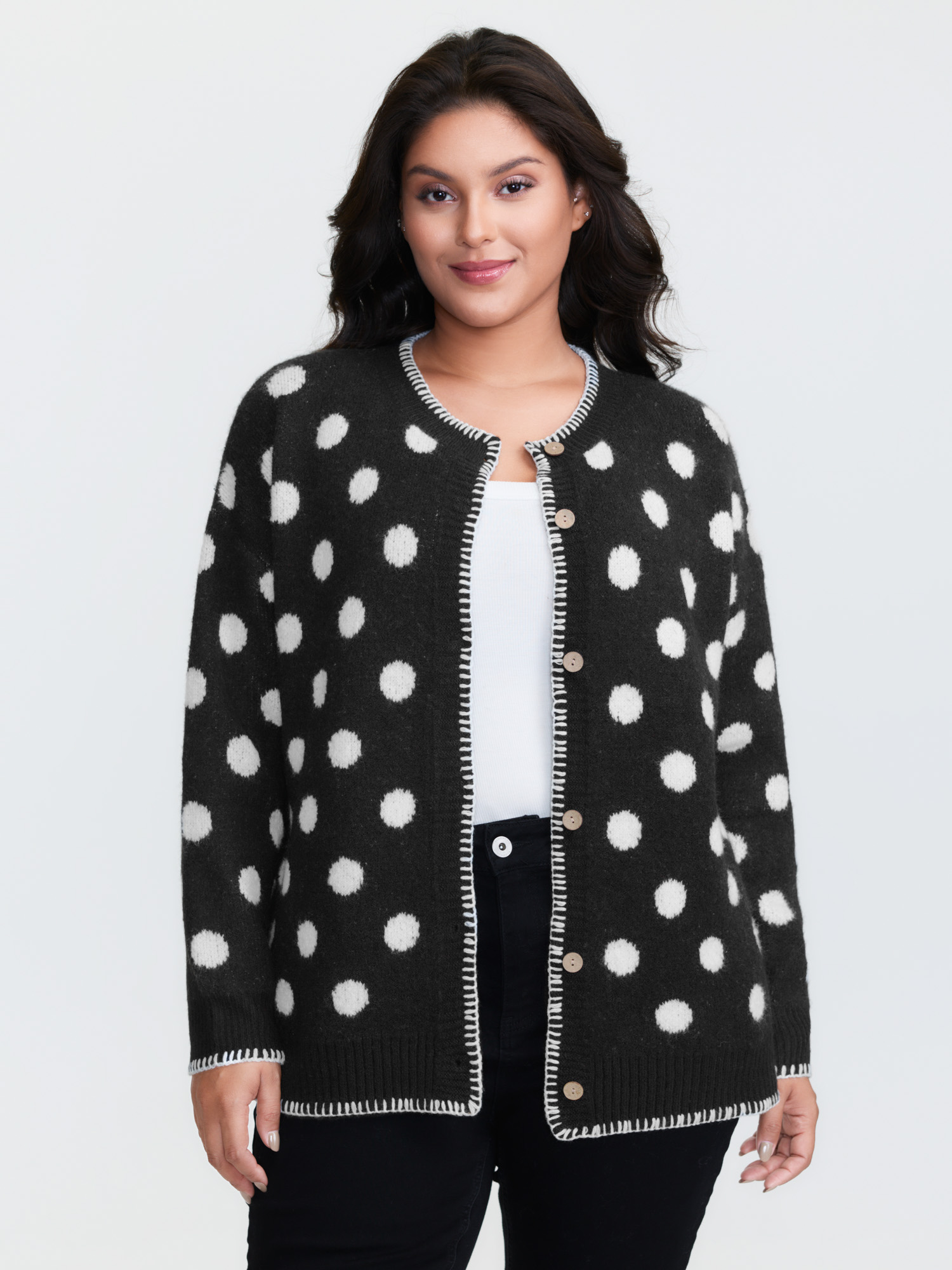 BloomChic Women's Plus Size Polka Dots Jacquard Buttons Knit Cardigan Black Long Sleeve Round Neck 10/M