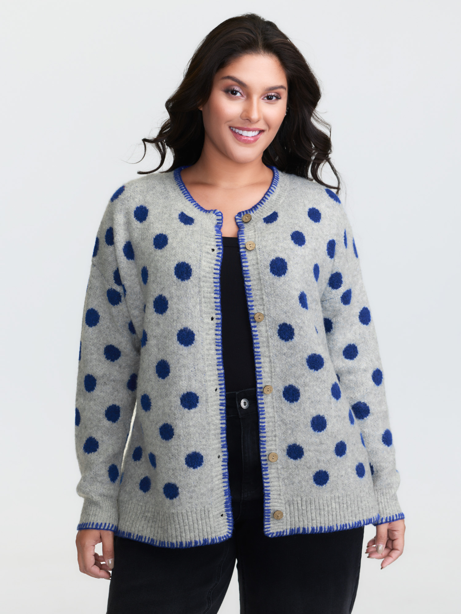 BloomChic Women's Plus Size Polka Dots Jacquard Buttons Knit Cardigan Mediumgray Long Sleeve Round Neck 10/M