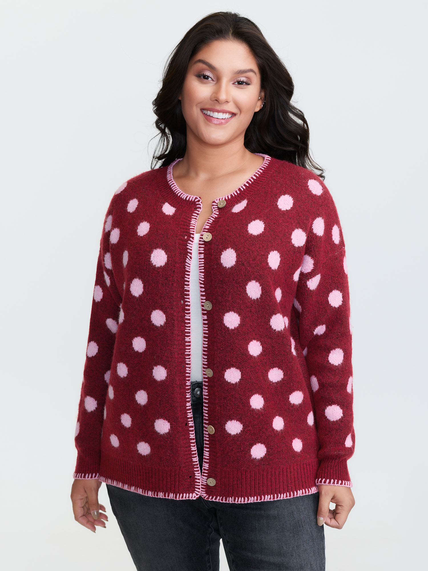 BloomChic Women's Plus Size Polka Dots Jacquard Buttons Knit Cardigan Scarlet Long Sleeve Round Neck 10/M