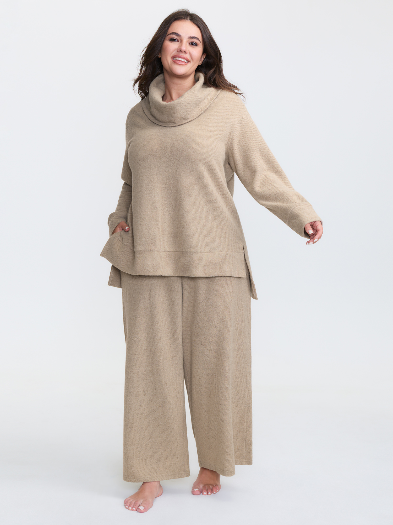 Side view of BloomChic Women's Plus Size Turtleneck Snuggle-Worthy Loungewear Set LightBrown Solid Long Sleeve Non 28/5X