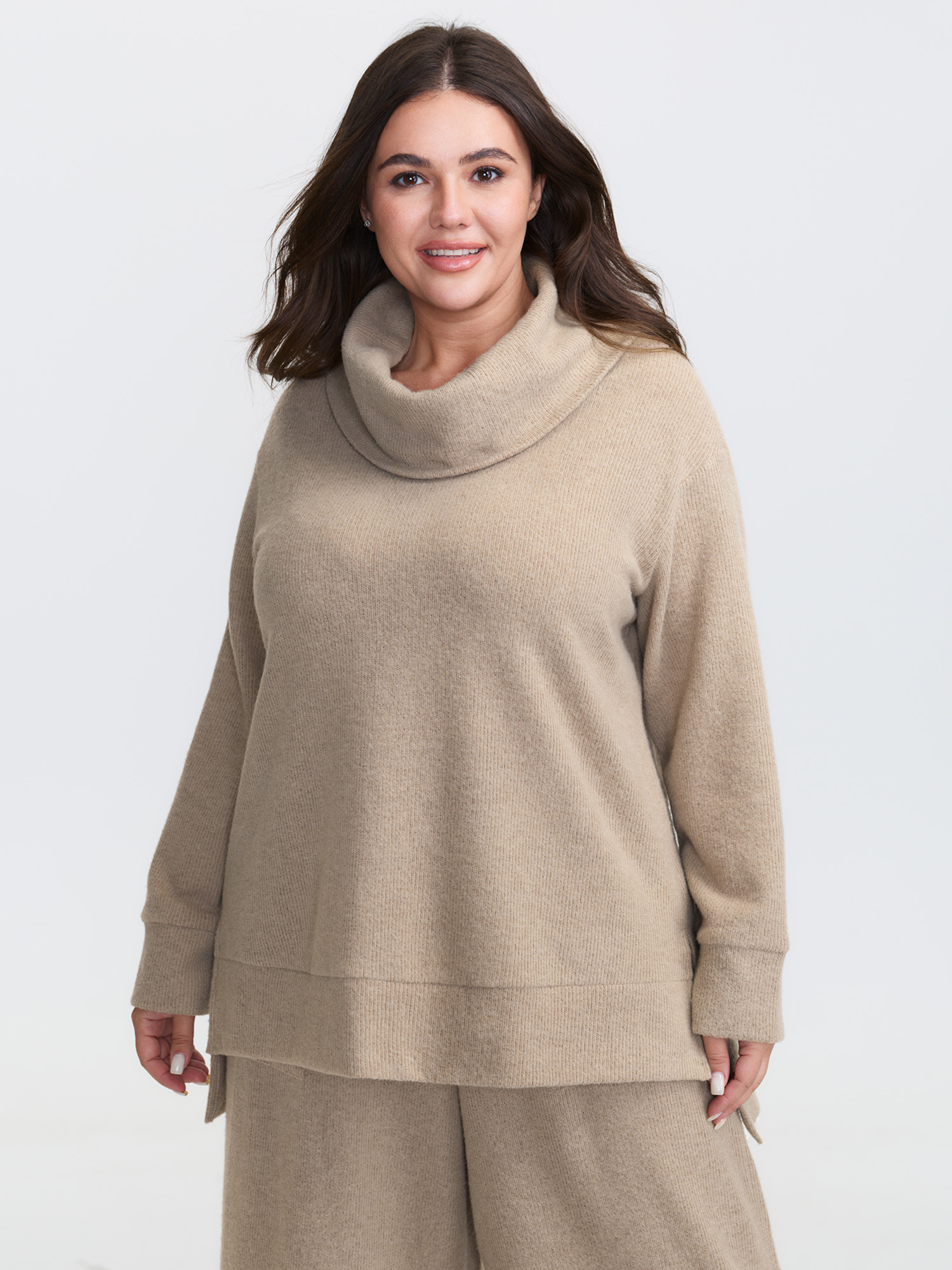 Side view of BloomChic Women's Plus Size Turtleneck Snuggle-Worthy Loungewear Set LightBrown Solid Long Sleeve Non 28/5X
