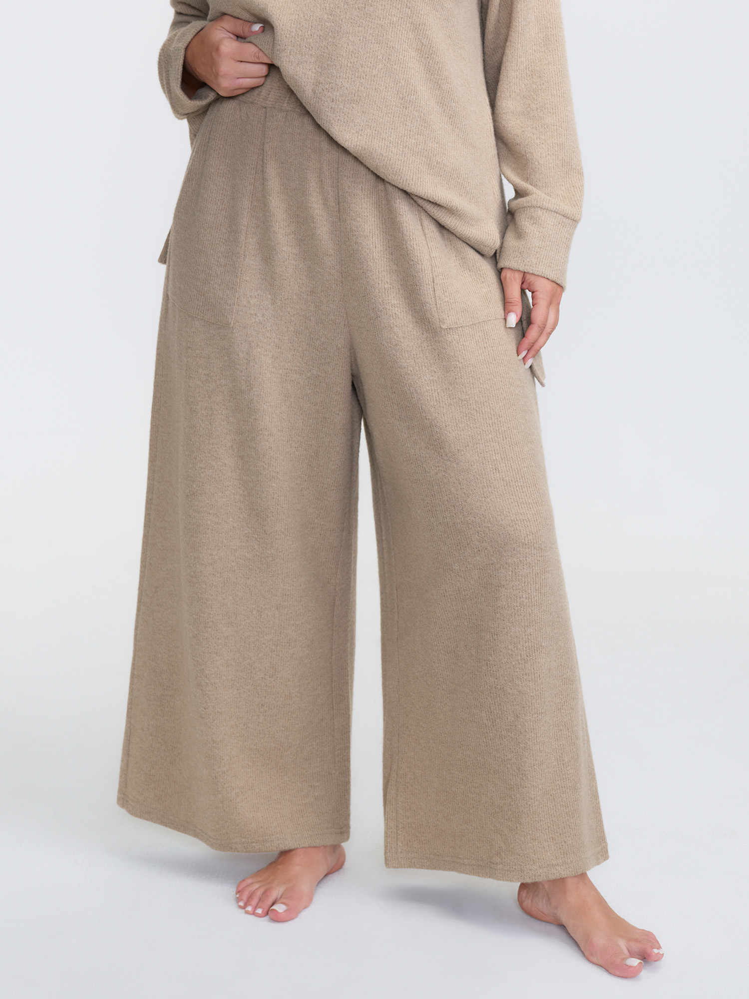 Side view of BloomChic Women's Plus Size Turtleneck Snuggle-Worthy Loungewear Set LightBrown Solid Long Sleeve Non 28/5X