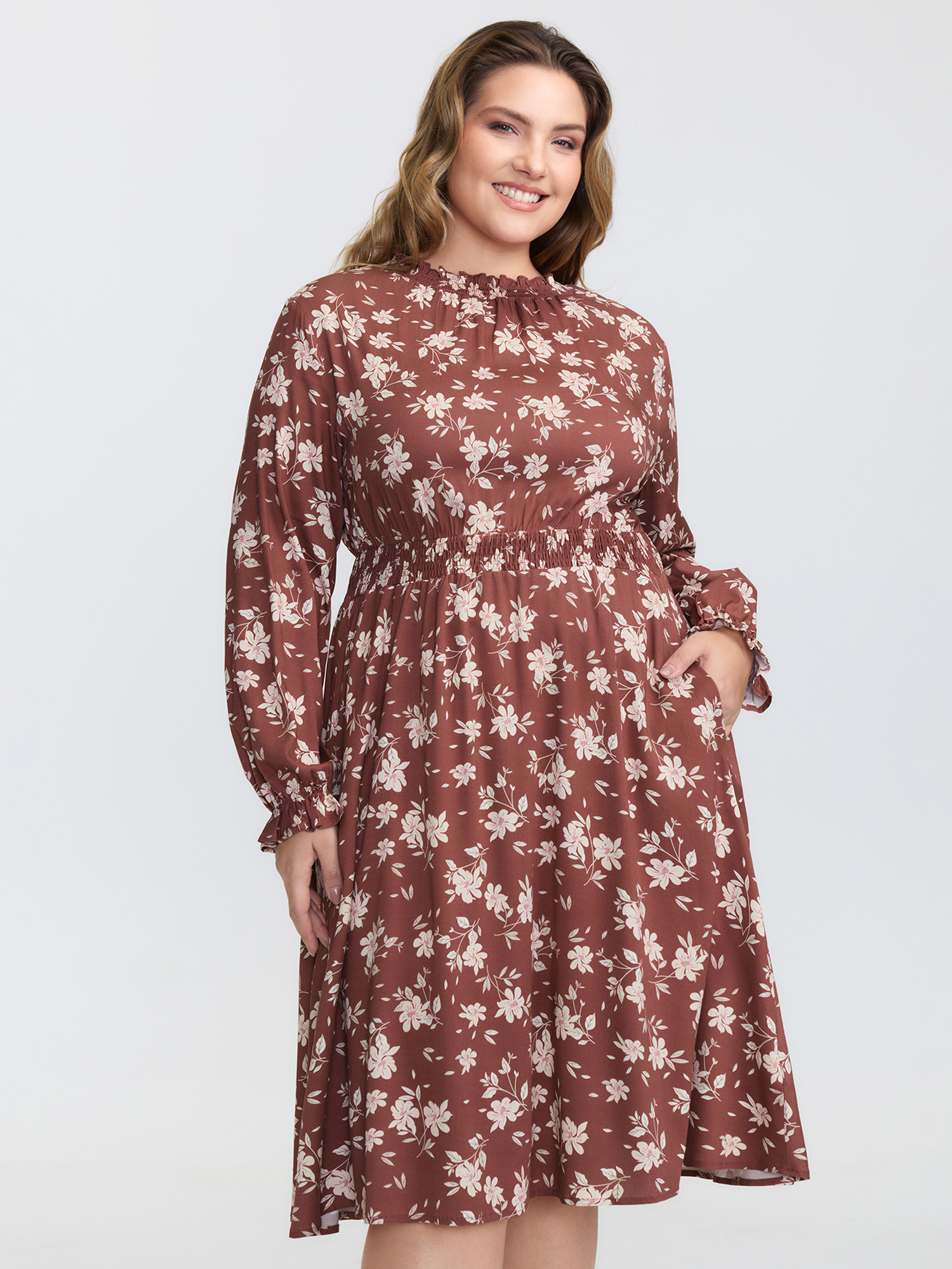BloomChic Women's Plus Size Floral Print Shirred Waist Rayon Midi Dress Browncoffeecolor Floral Midi Everyday-Casual Gathered 10/M