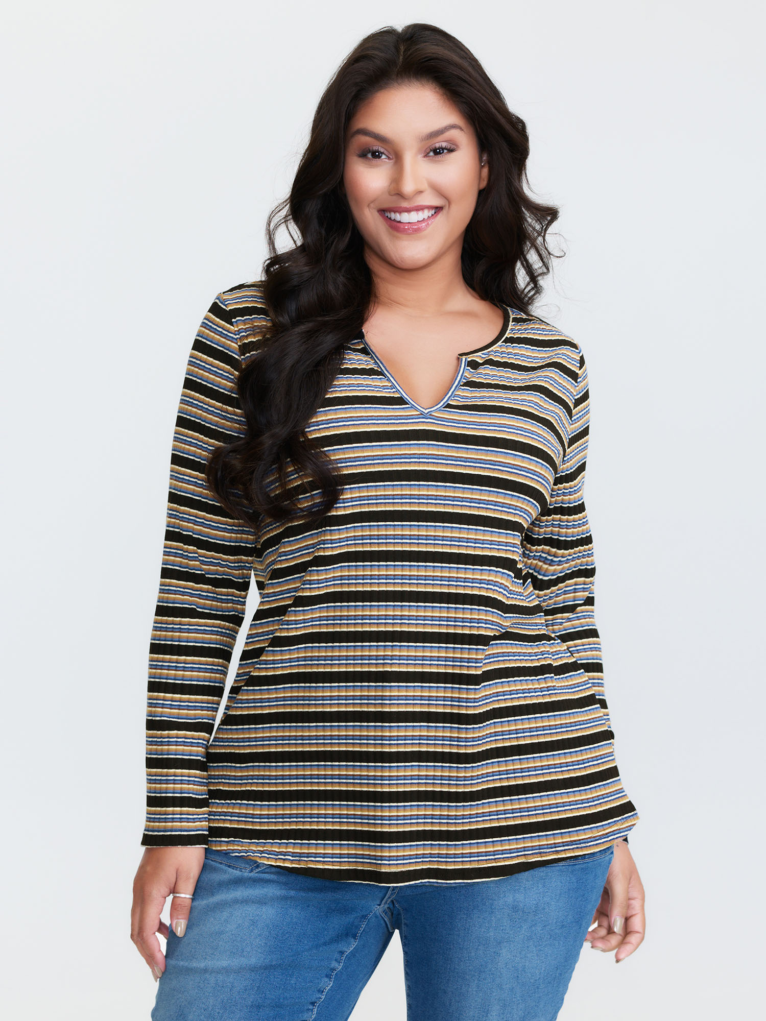 BloomChic Women's Plus Size Monochrome Stripe Embroidery T-Shirt Multicolor Stripes Everyday-Casual Extra Long Sleeve 14-16/1X