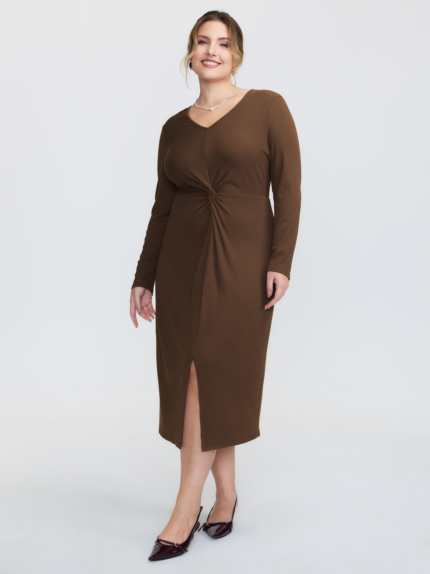 BloomChic Women's Plus Size Knotted Waist-Defining V-Neck Midi Dress Browncoffeecolor Midi Everyday-Elegant 10/M