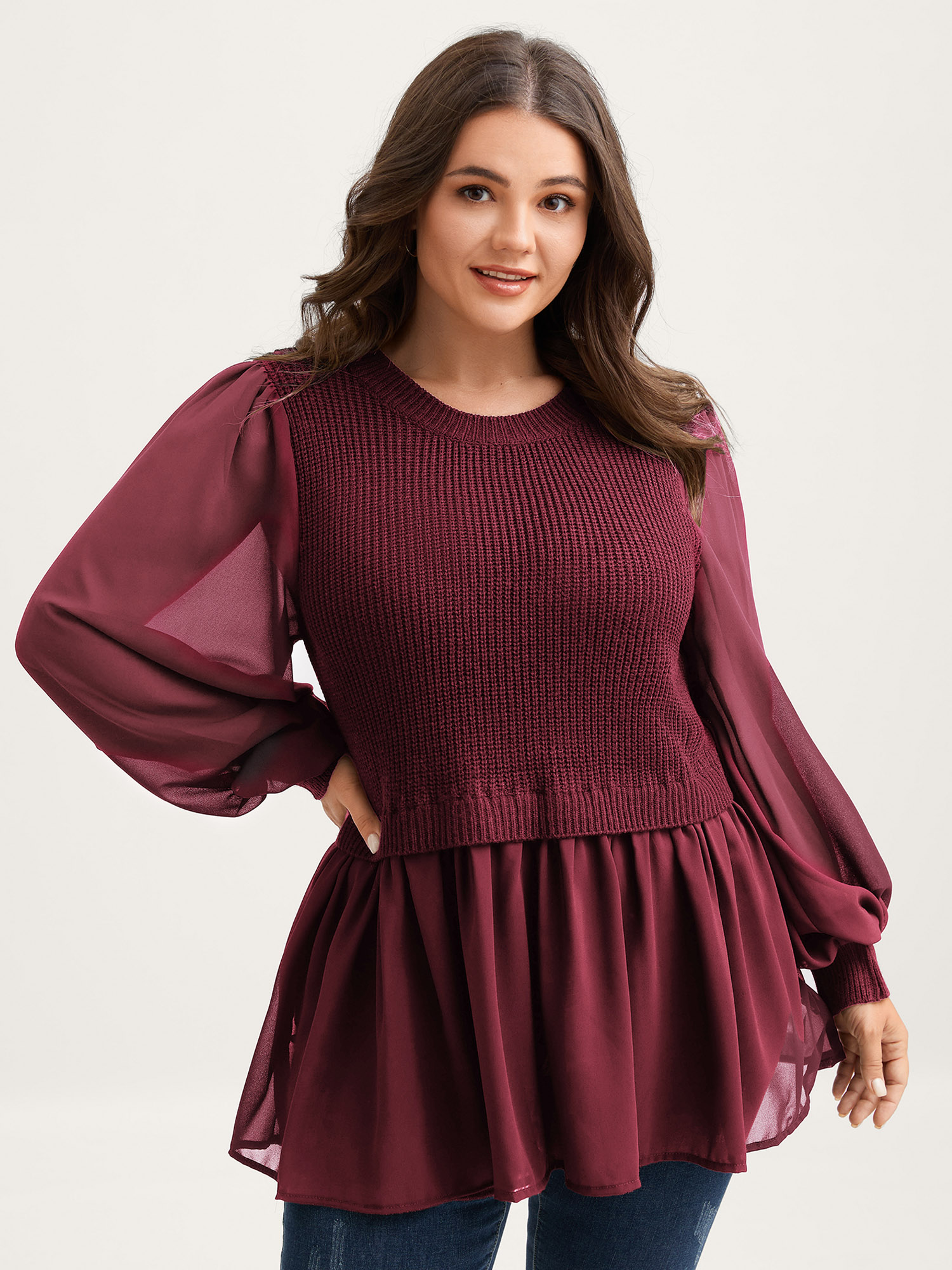 BloomChic Plus Size Balloon Sleeve Solid Twofer Sweater - Curve Women's Winter Round Neck A-line Ruffles Burgundy Lantern Sleeve Pullovers 34/6X