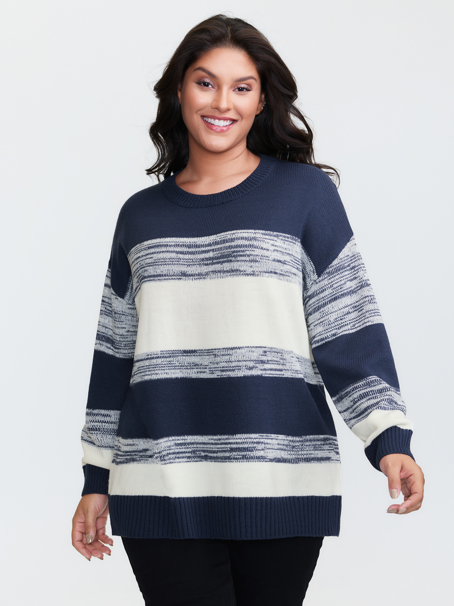 BloomChic Women's Plus Size Yarn Blend Colorblock Pullover Indigo not graphics Long Sleeve Round Neck 30/6X