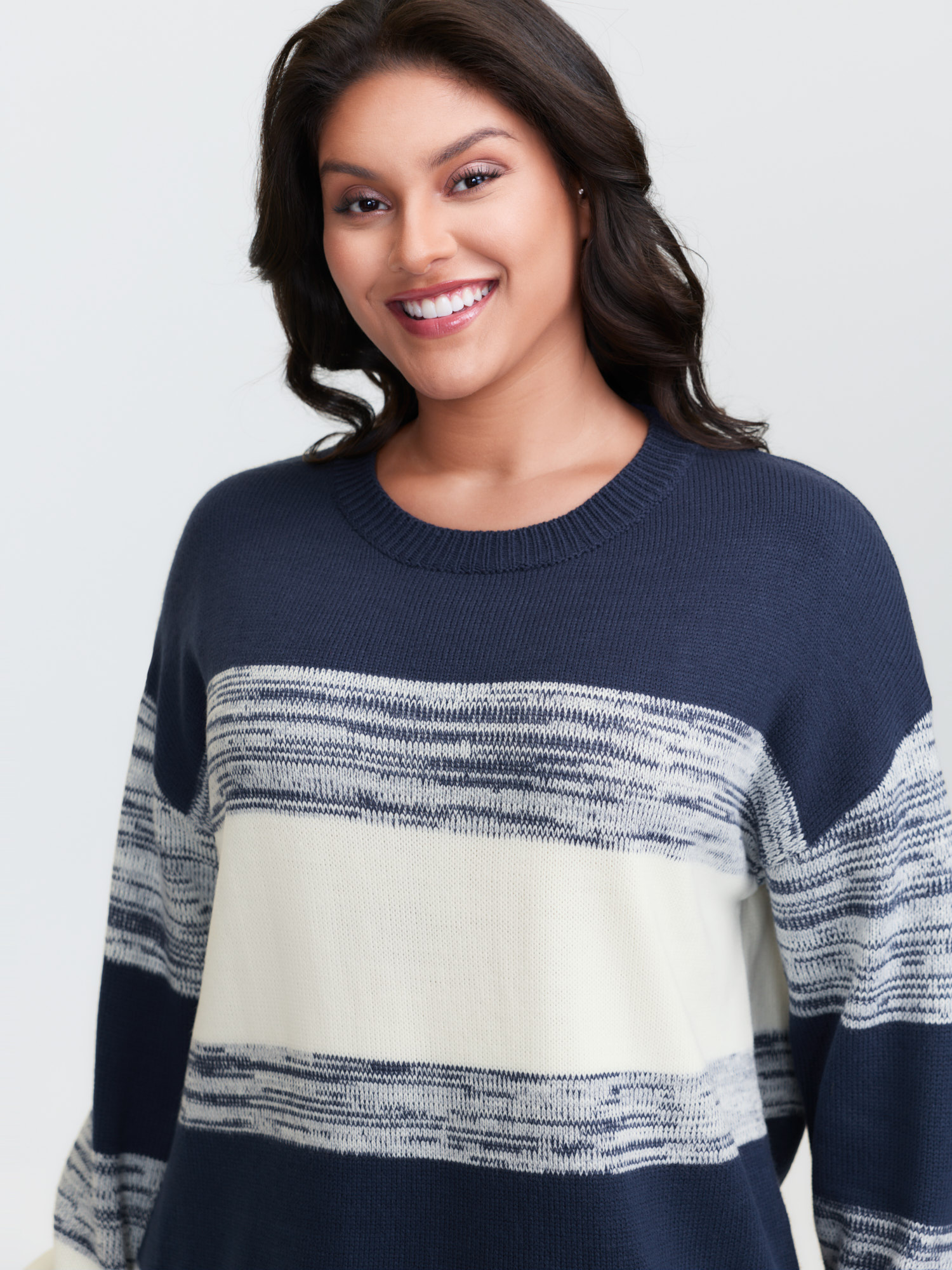 Side view of BloomChic Women's Plus Size Yarn Blend Colorblock Pullover Indigo not graphics Long Sleeve Round Neck 30/6X