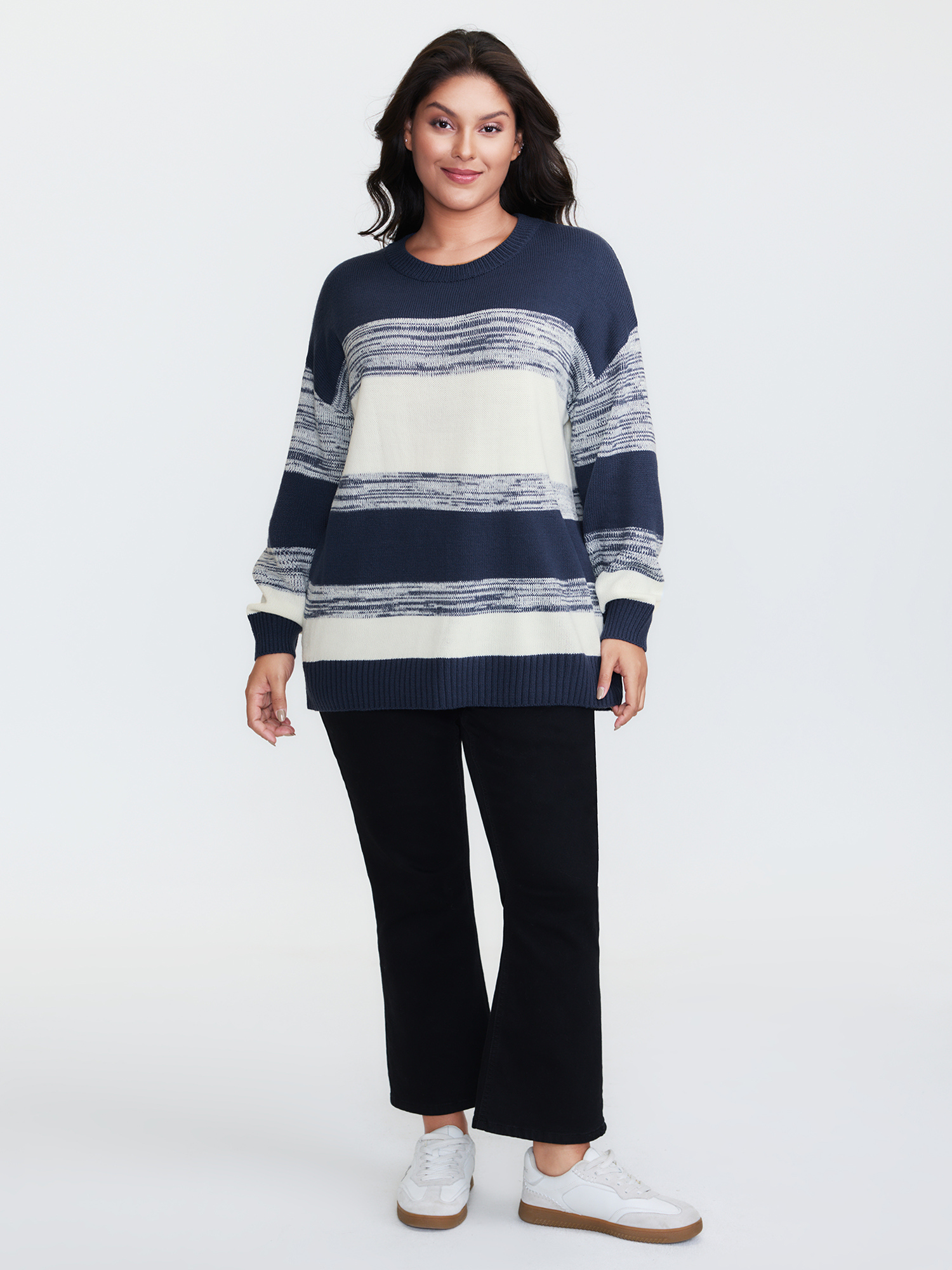 Side view of BloomChic Women's Plus Size Yarn Blend Colorblock Pullover Indigo not graphics Long Sleeve Round Neck 30/6X