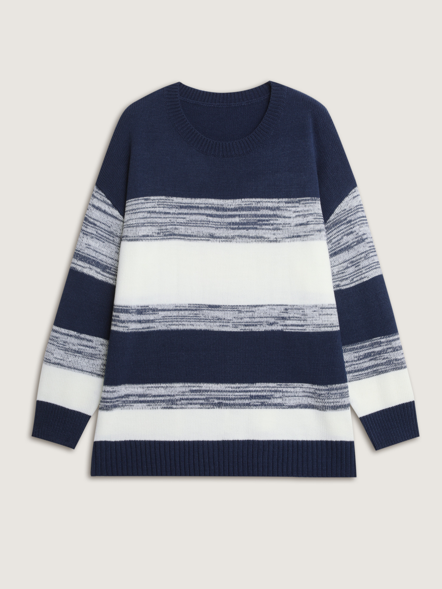 Side view of BloomChic Women's Plus Size Yarn Blend Colorblock Pullover Indigo not graphics Long Sleeve Round Neck 30/6X