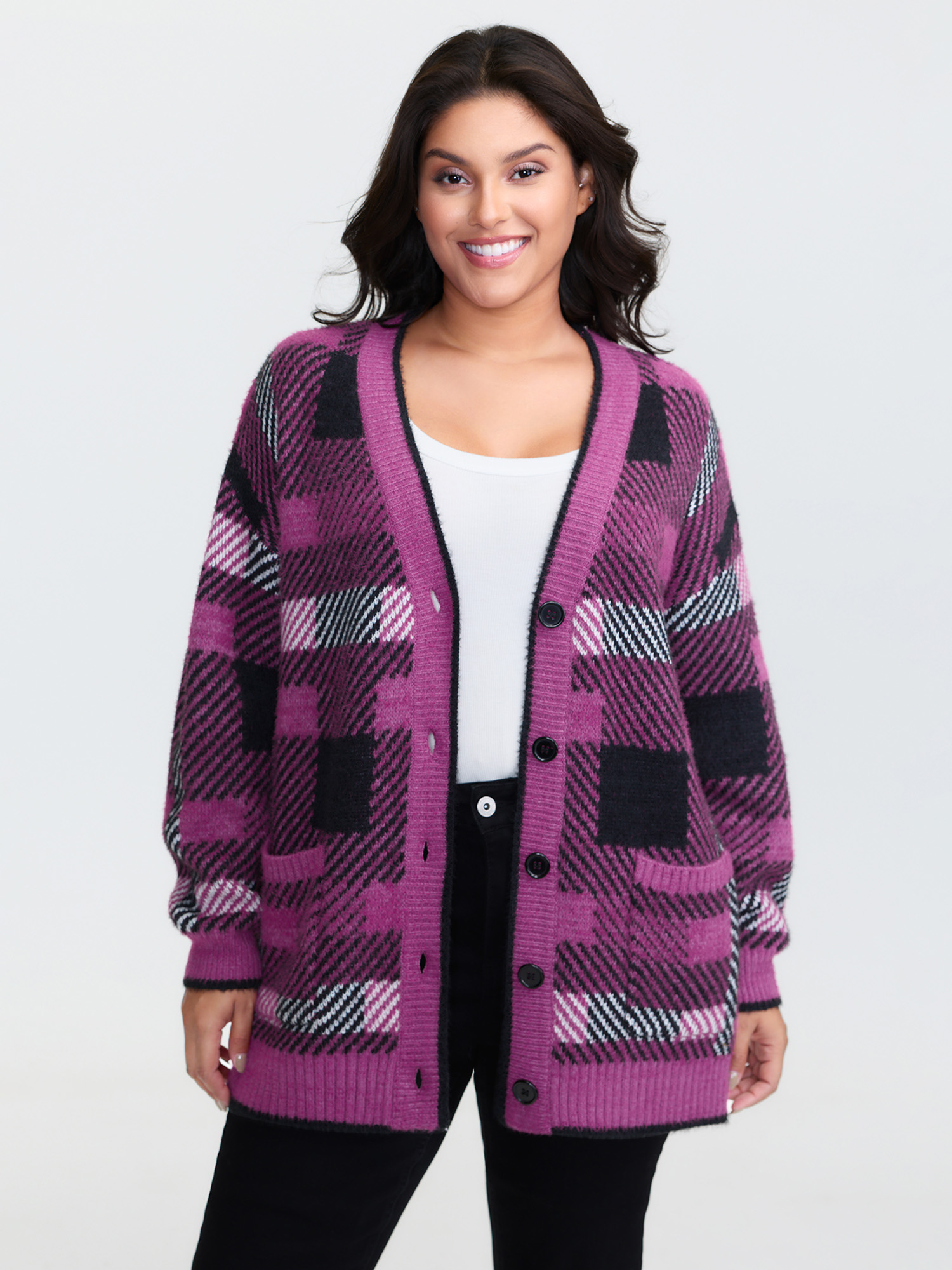 BloomChic Women's Plus Size Fuzzy Plaid Pattern Button Knit Cardigan RedViolet Long Sleeve 10/M