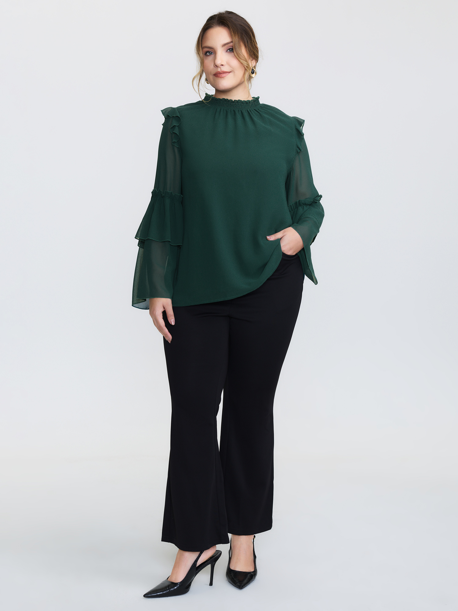 BloomChic Plus Size Shirred Layered Ruffled Sheer Sleeve Blouse - Women's Cyan Solid Mock Neck Long Sleeve Elegant Blouses 14/M