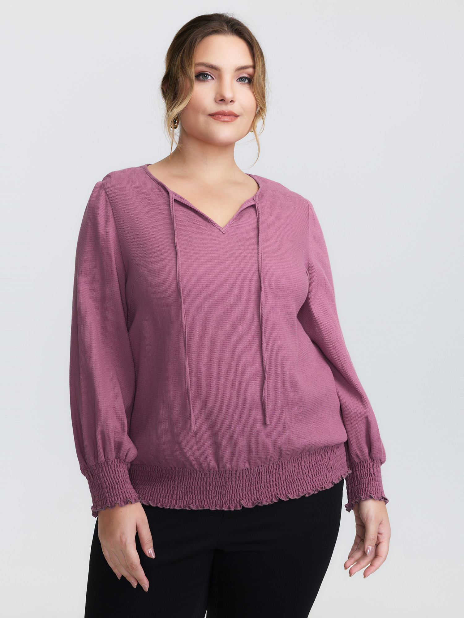 BloomChic Women's Plus Size Pure Cotton Textured Shirred Blouse Mauve Everyday-Casual Extra Long Sleeve 10/M