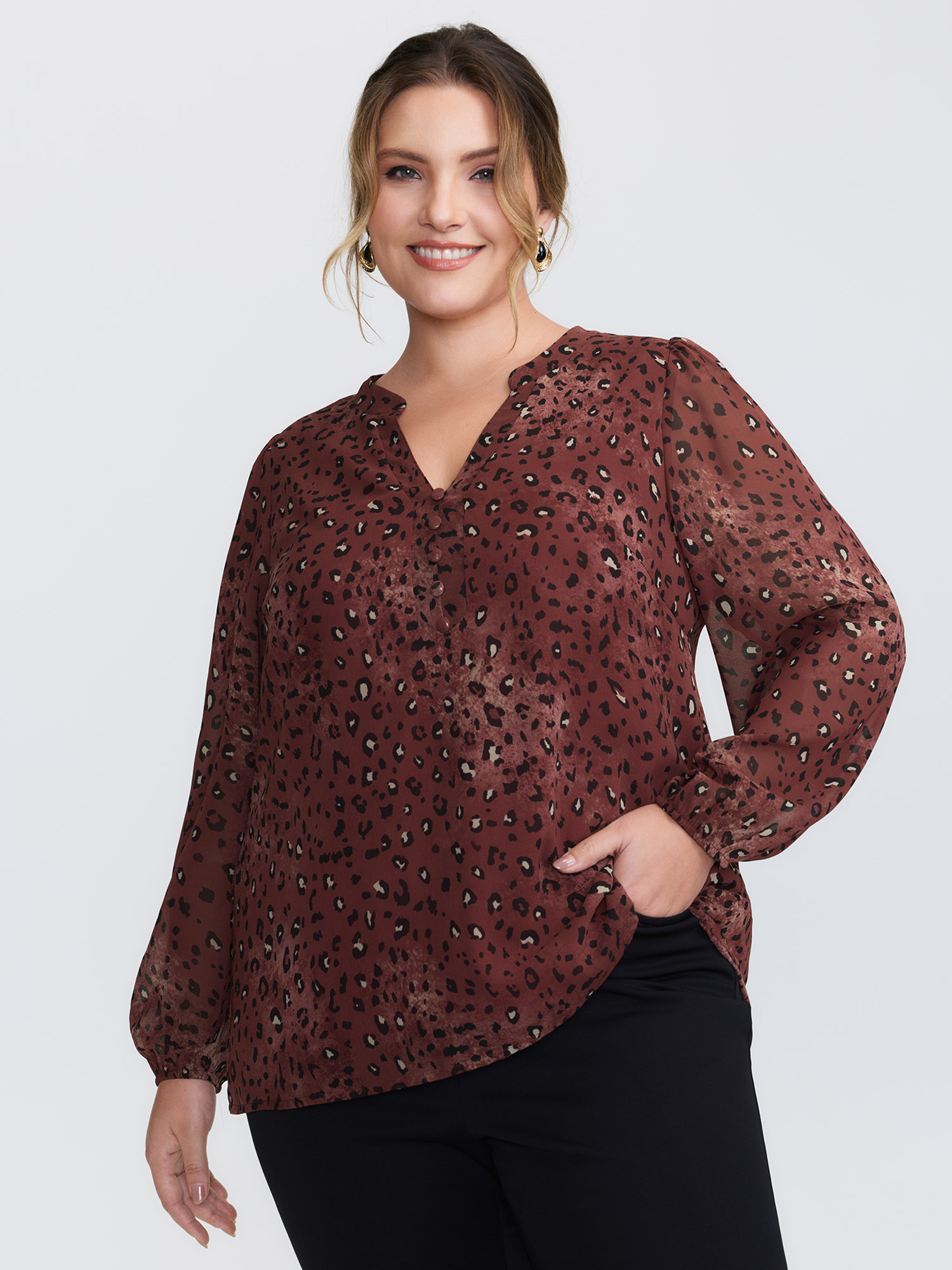 BloomChic Women's Plus Size Leopard Print Notched Collar Blouse Burgundy Animal Motif Everyday-Elegant Extra Long Sleeve 10/M