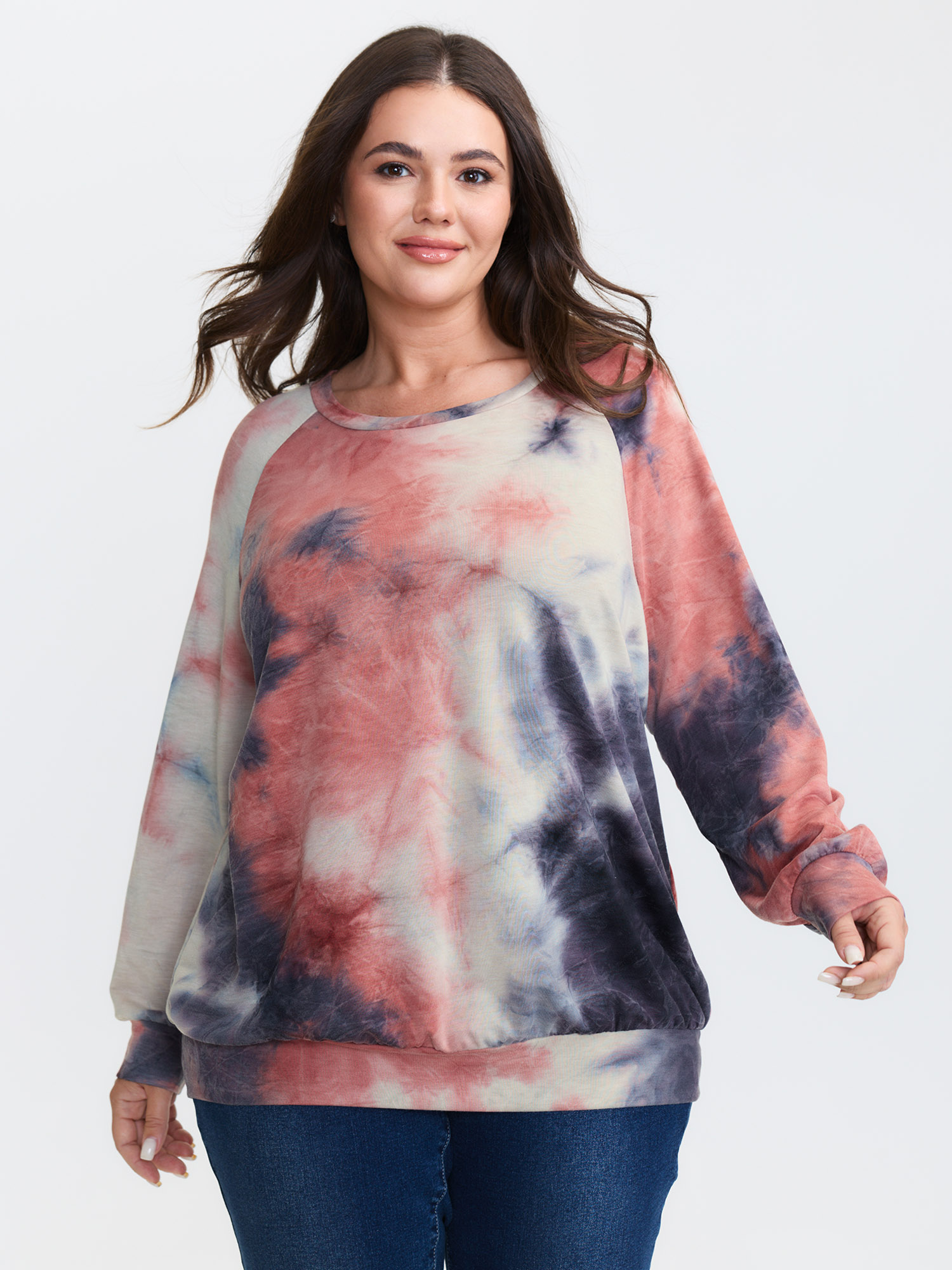BloomChic Plus Size Round Neck Tie-Dye Sweatshirt - Women's Coral Star & Moon Round Neck Comfort Midsection Fit Long Sleeve Leisure Sweatshirts 14/M