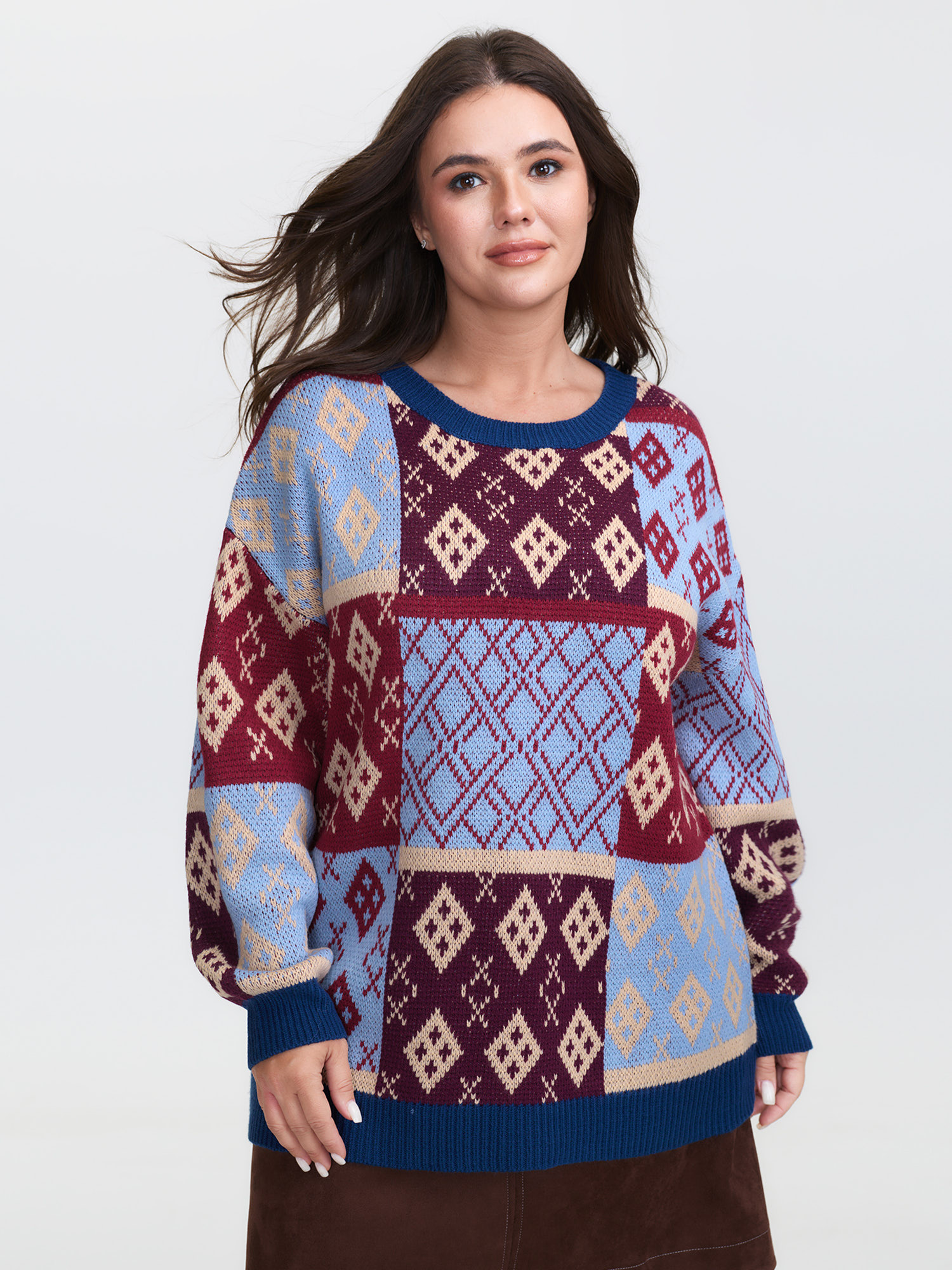 BloomChic Women's Plus Size Retro Pattern Jacquard Color Block Pullover Indigo Long Sleeve 10/M