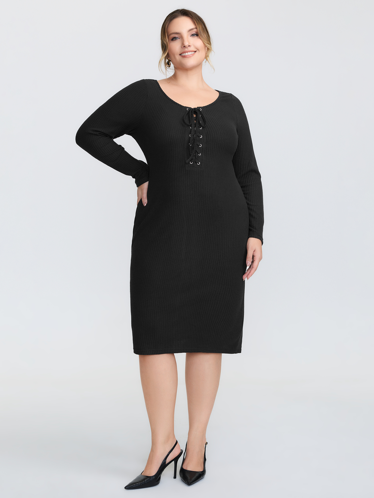 BloomChic Women's Plus Size Stretchy Round Neck Lace-Up Midi Dress Black Knee Everyday-Elegant Cut-Out 10/M
