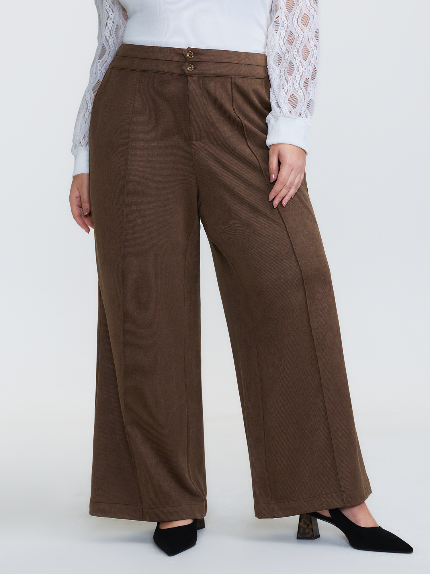 BloomChic Women's Plus Size Pleated Double Button Flared Hem Pants DarkBrown Flared Mid Rise 18-20/2X
