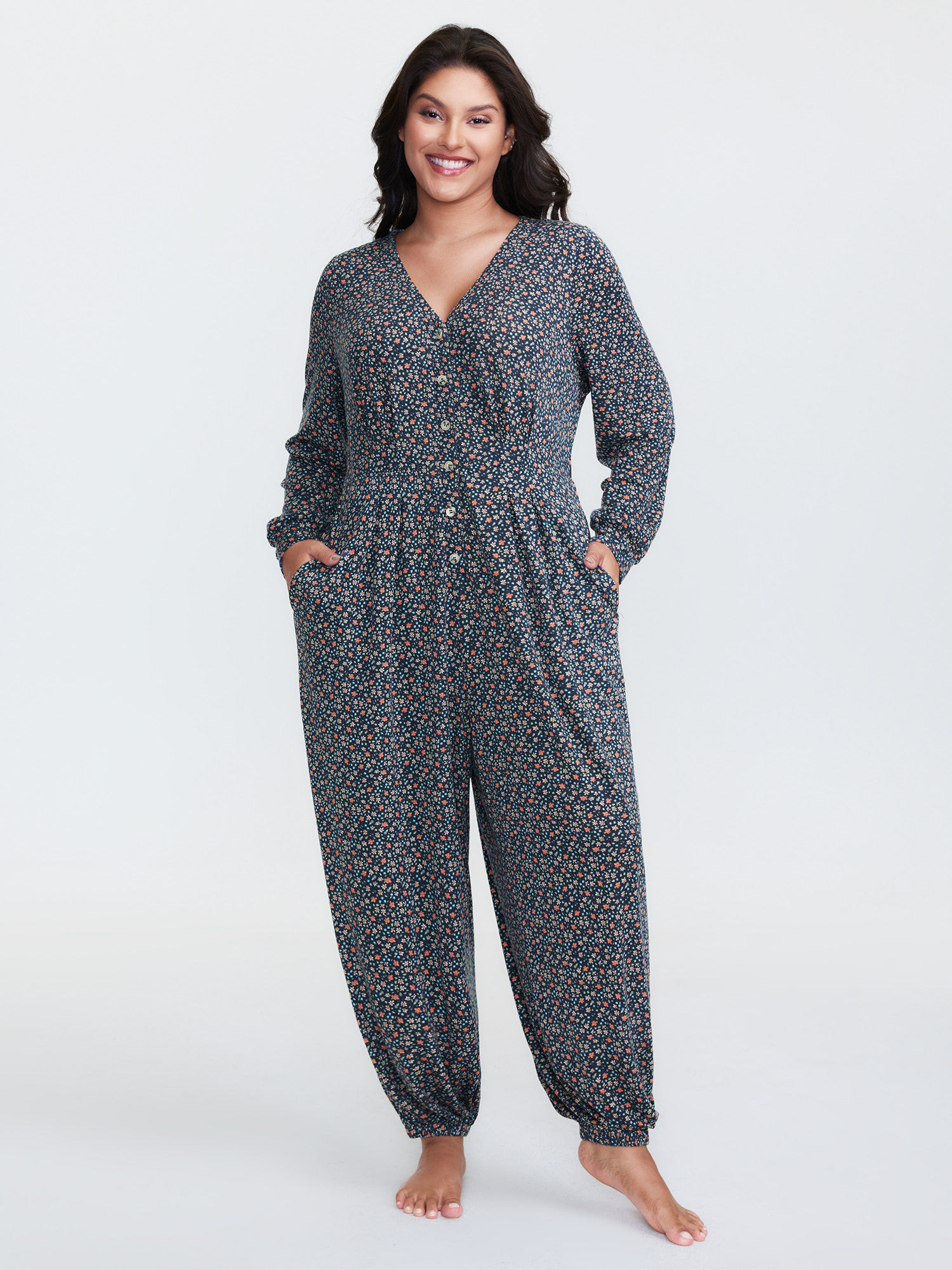 BloomChic Women's Plus Size Floral Print V-Neck Button Front Lounge Jumpsuit Indigo Natural Flowers Maxi 22-24/3X-image-47697841717418