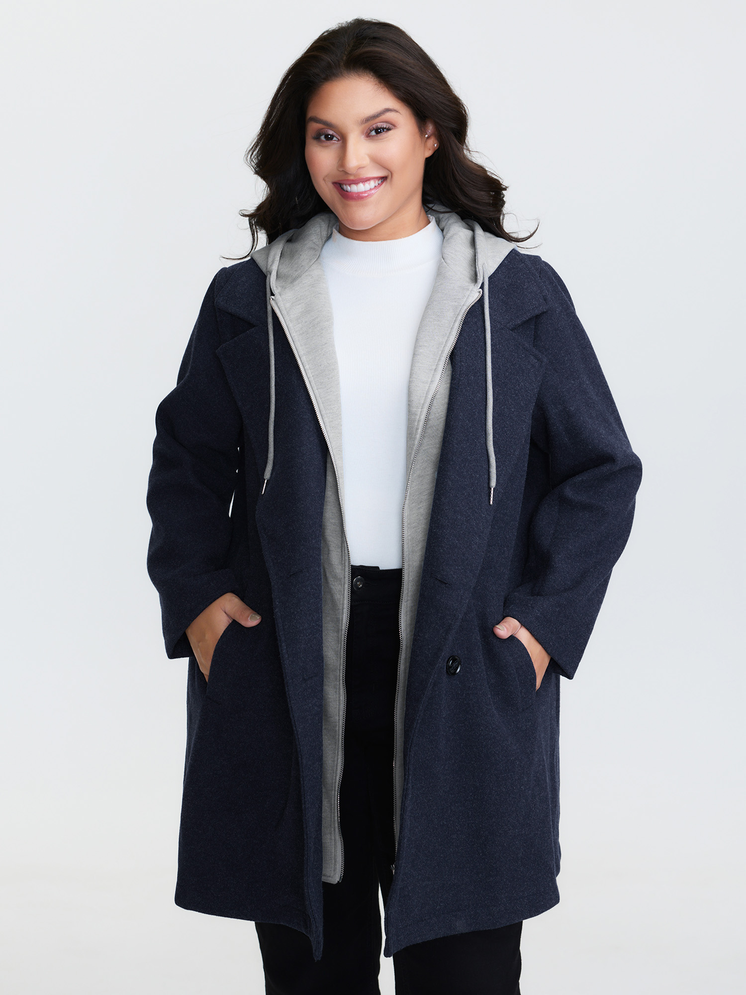 BloomChic Women's Plus Size 2 In 1 Double Breasted Hooded Coat Midnight Colorblock Straight fit 10/M