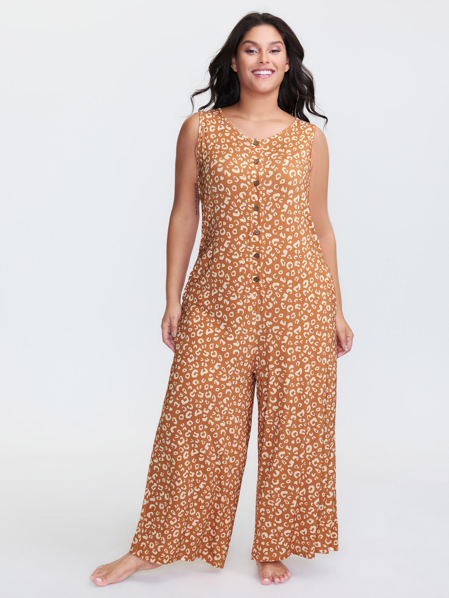 BloomChic Women's Plus Size Leopard Print Sleeveless Button Front Lounge jumpsuit Yellowishbrown Maxi 10/M-image-47697840898218