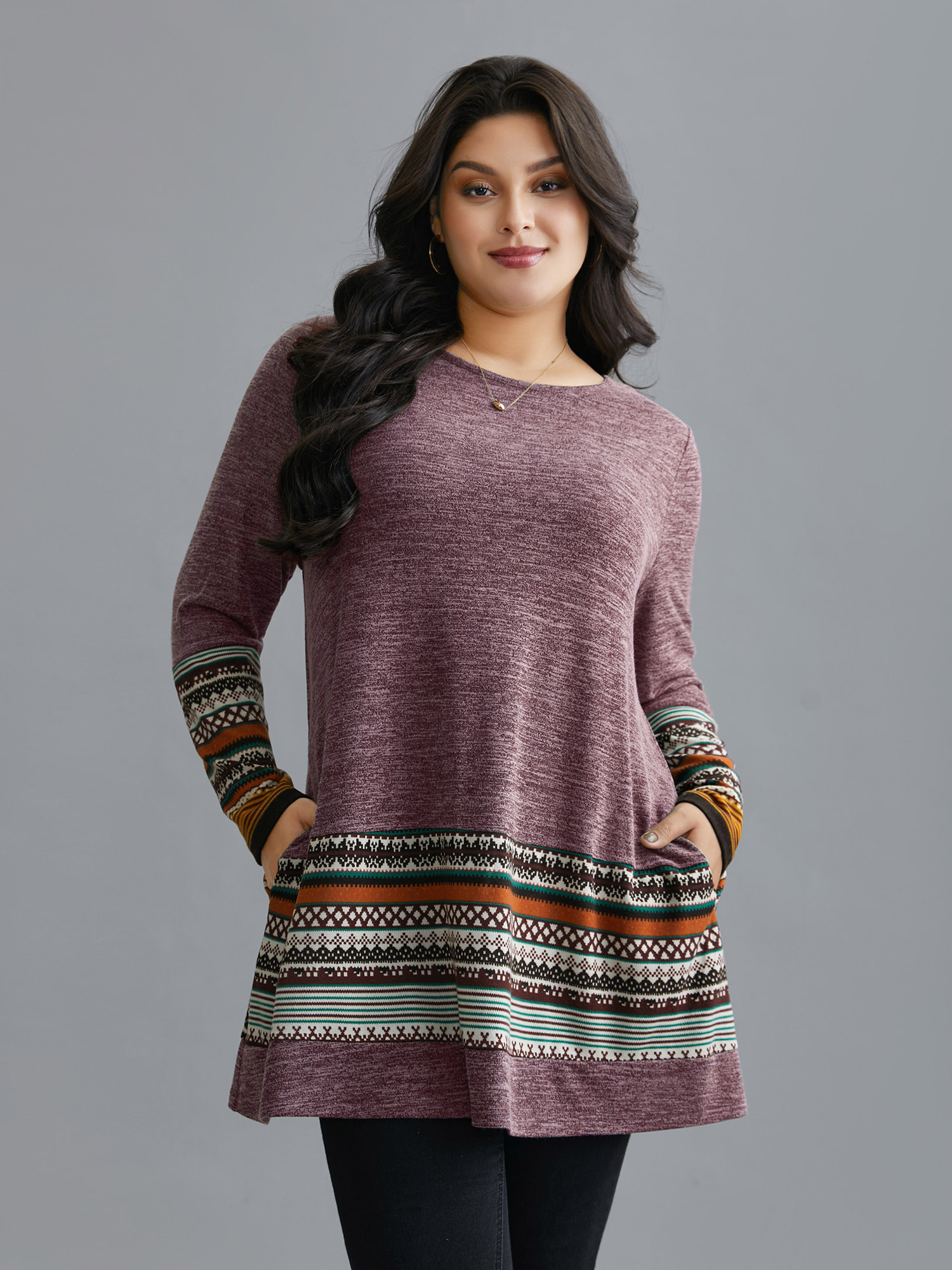 BloomChic Women's Plus Size Tunic Boho Print Pocket T-shirt Deeppurplered Ethnic Floral Everyday-Casual Long Sleeve Round Neck 10/M