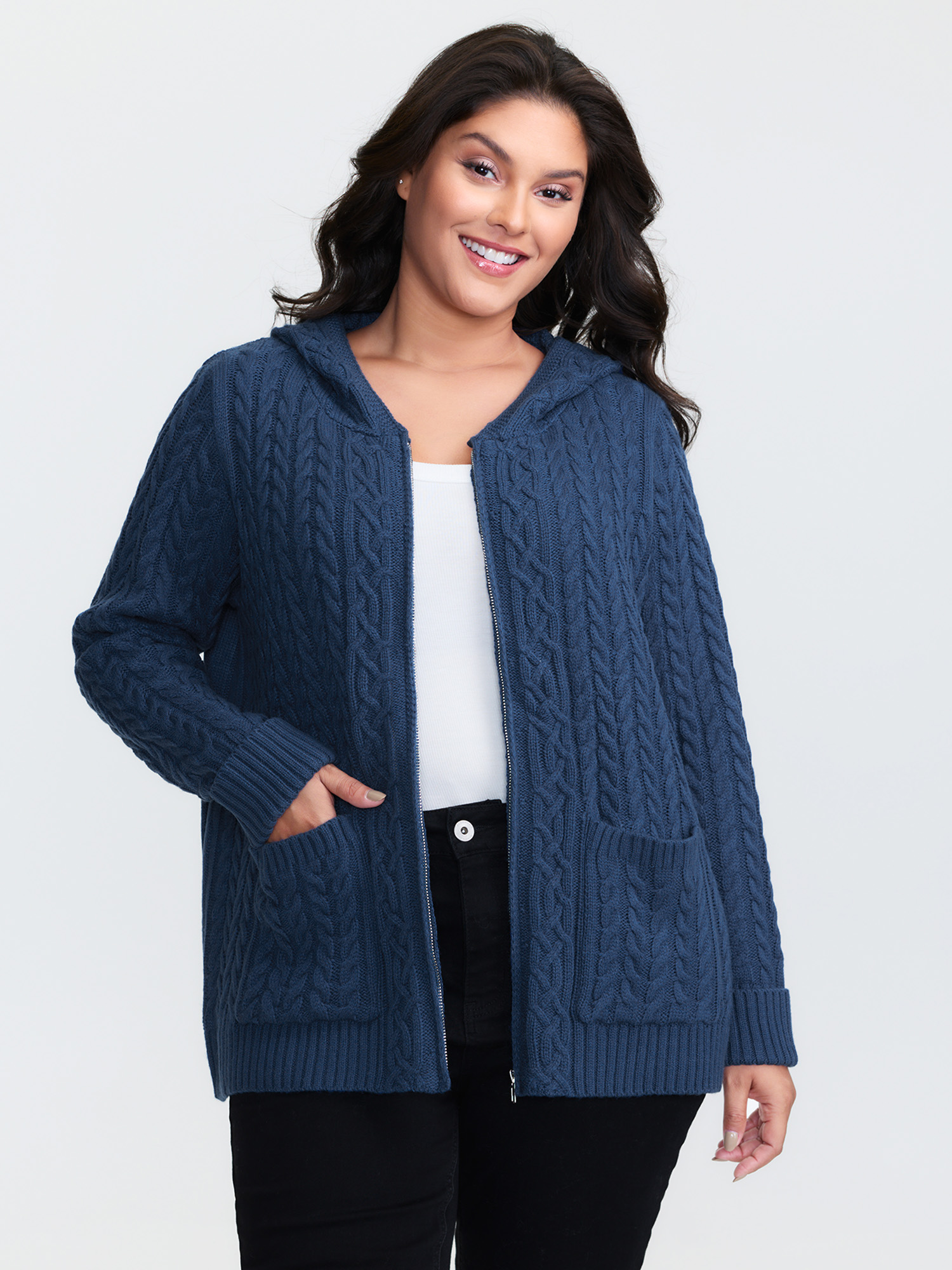 BloomChic Women's Plus Size Cableknit Zipper Hooded Knit Cardigan Aegean Long Sleeve Hooded Neck 10/M