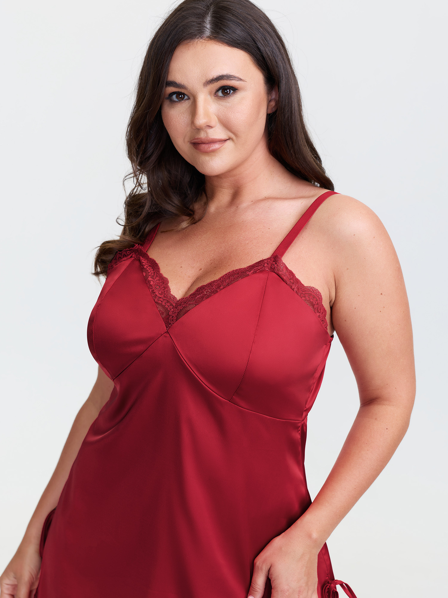 Bloomchic Lace Trim Slit Side Tie Nightgown In Scarlet