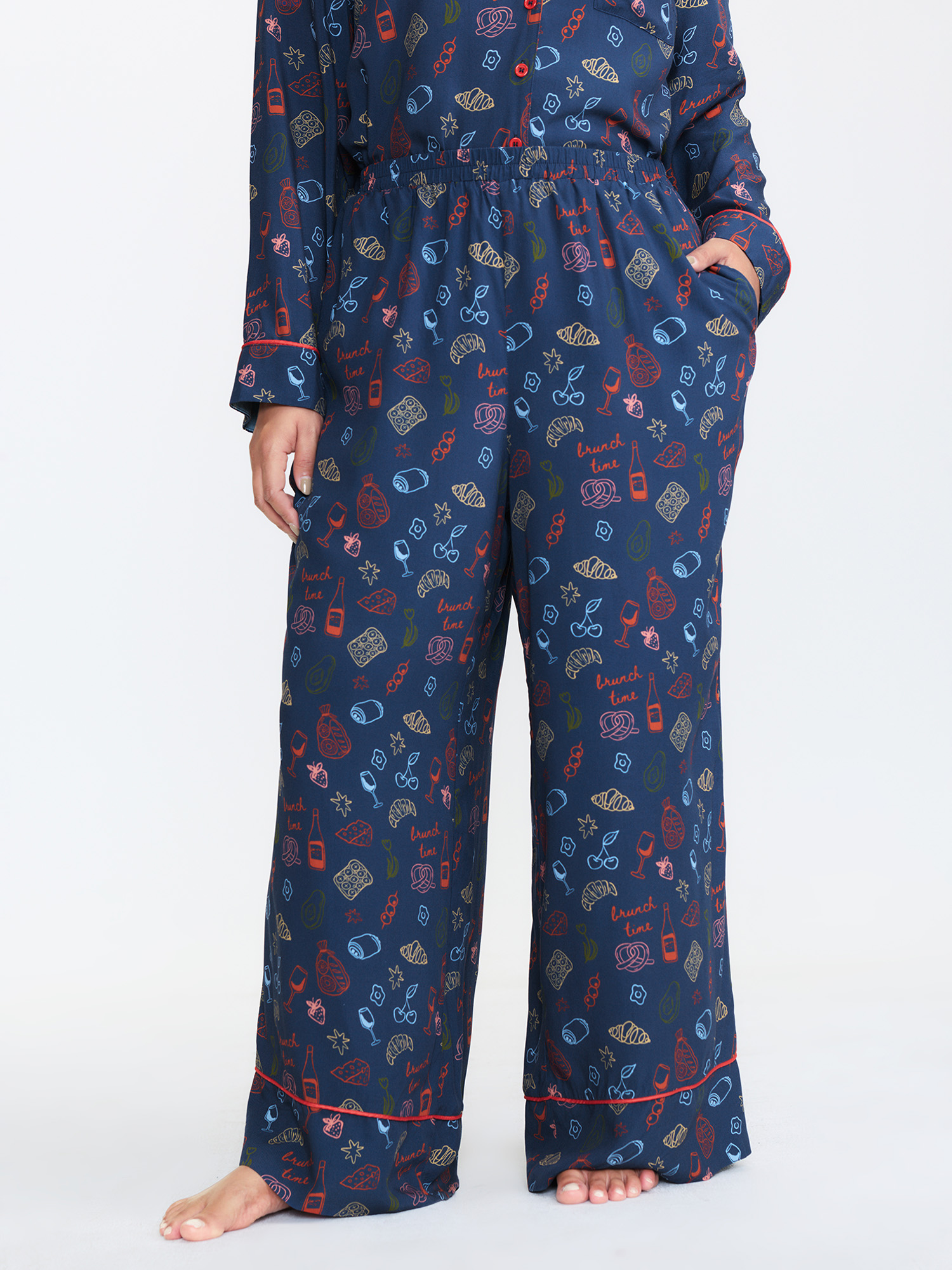 BloomChic Women's Plus Size Breakfast Print Elastic Waist Pocket Pajama Bottoms Indigo Fruit and vegetable print Knee Woven ribbon&lace trim 12/L-image-47697840537770
