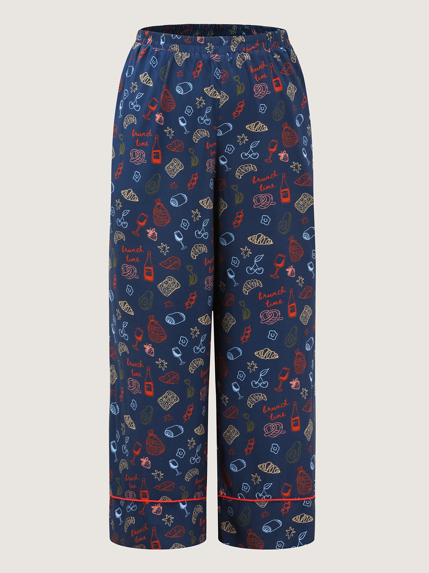 Side view of BloomChic Women's Plus Size Breakfast Print Elastic Waist Pocket Pajama Bottoms Indigo Fruit and vegetable print Knee Woven ribbon&lace trim 26/4X