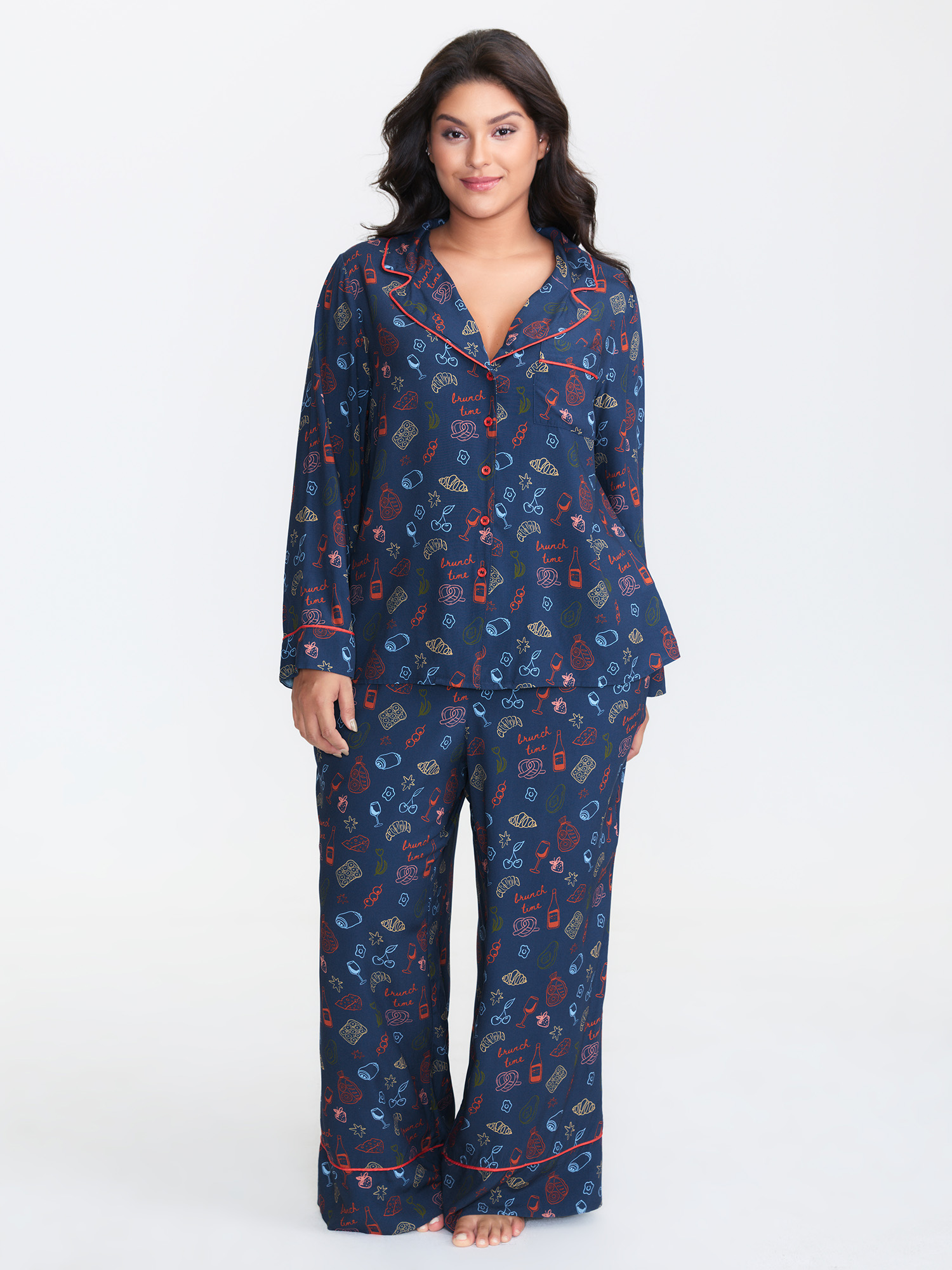 BloomChic Women's Plus Size Colorful Floral Print Color Contrast Pajama Top Indigo Long Sleeve 30/6X-image-47697843585194