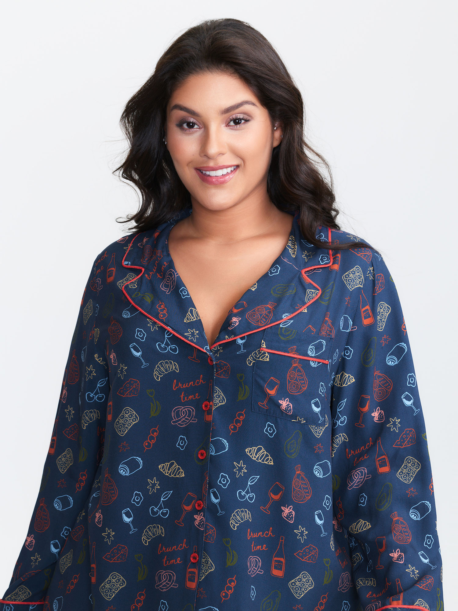 Side view of BloomChic Women's Plus Size Colorful Floral Print Color Contrast Pajama Top Indigo Long Sleeve 10/M
