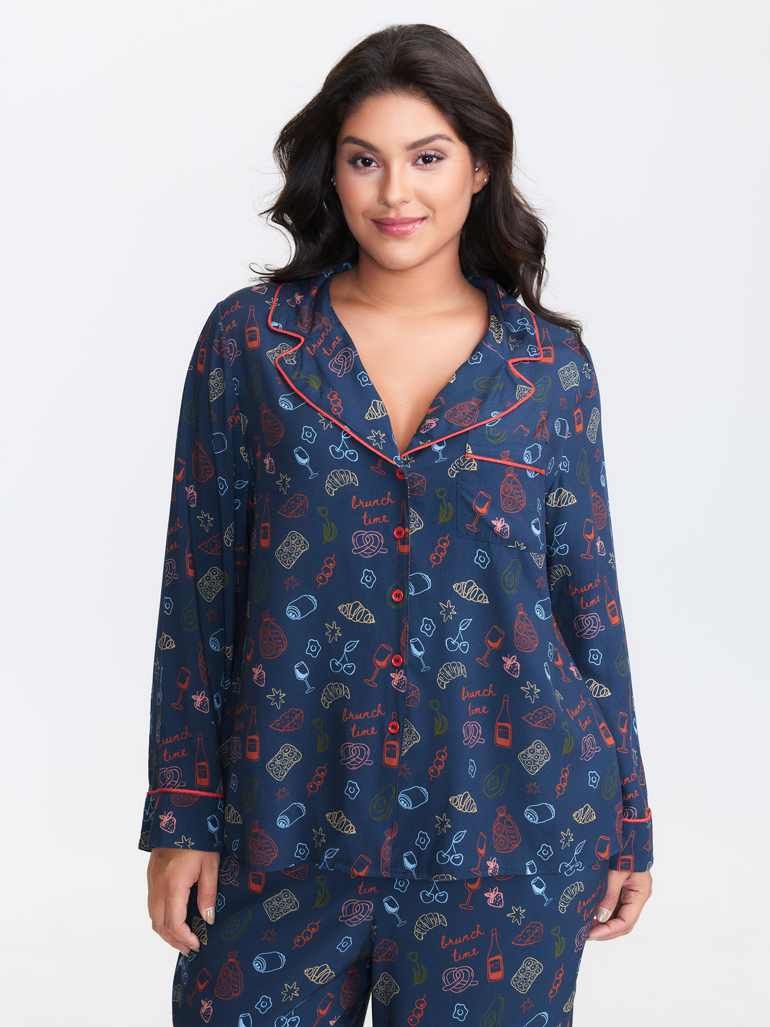 Side view of BloomChic Women's Plus Size Colorful Floral Print Color Contrast Pajama Top Indigo Long Sleeve 26/4X