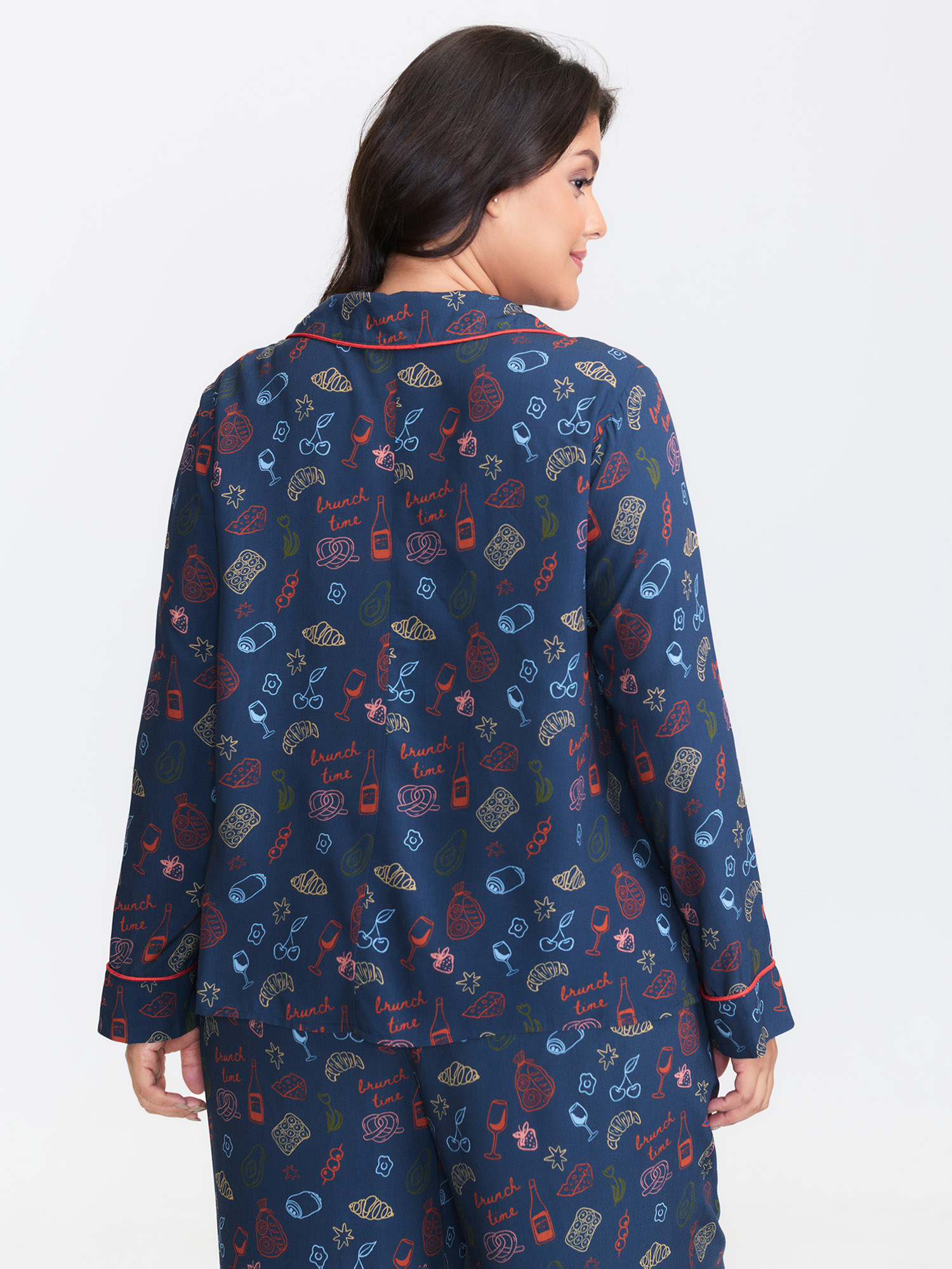 Side view of BloomChic Women's Plus Size Colorful Floral Print Color Contrast Pajama Top Indigo Long Sleeve 10/M