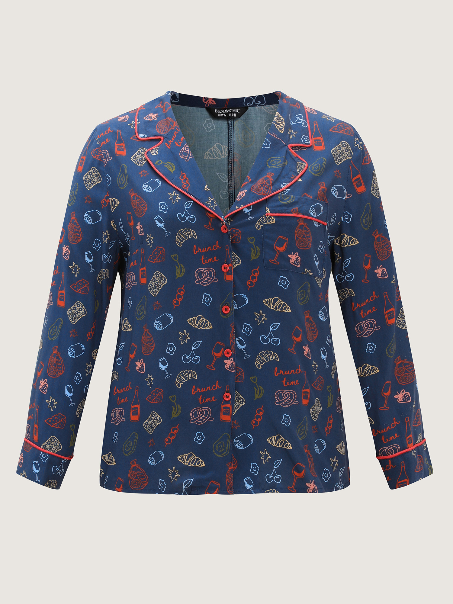 Side view of BloomChic Women's Plus Size Colorful Floral Print Color Contrast Pajama Top Indigo Long Sleeve 10/M