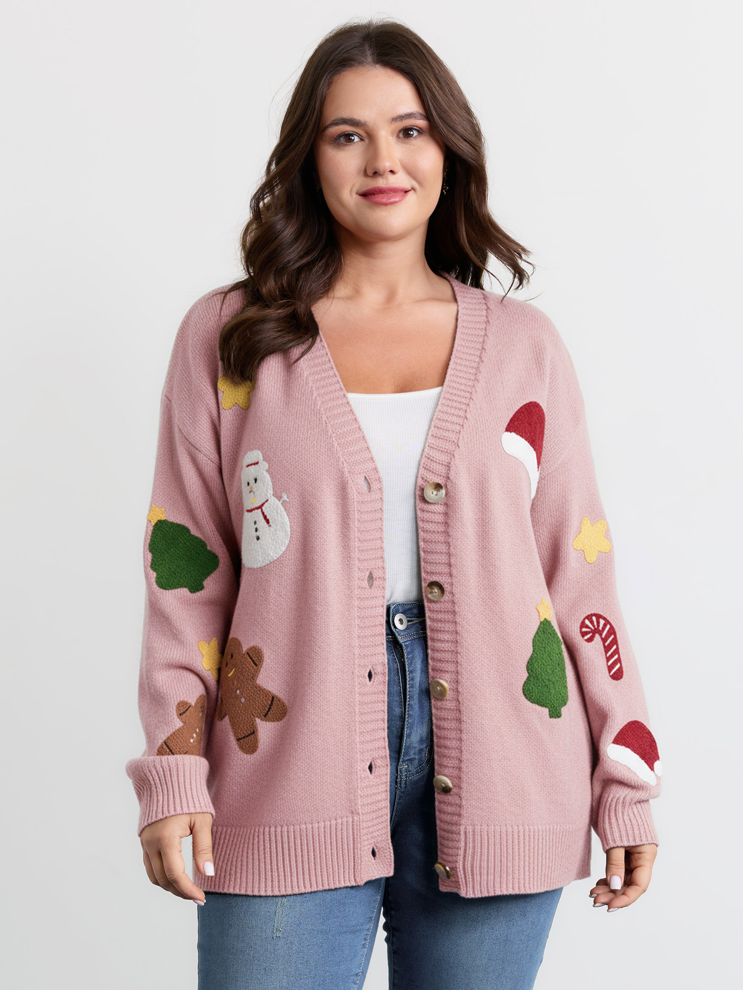 BloomChic Women's Plus Size Gingerbread Santa Embroidery Knit Cardigan Dirtypink Long Sleeve V-Neck 12/L