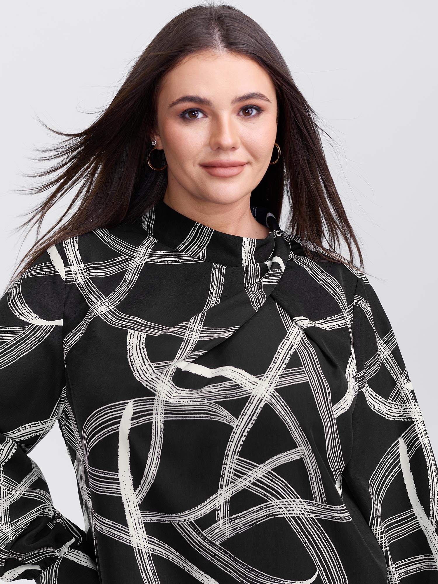 BloomChic Women's Plus Size Abstract Print Drape Neckline Blouse Black Stripes Office Long Sleeve 18-20/2X